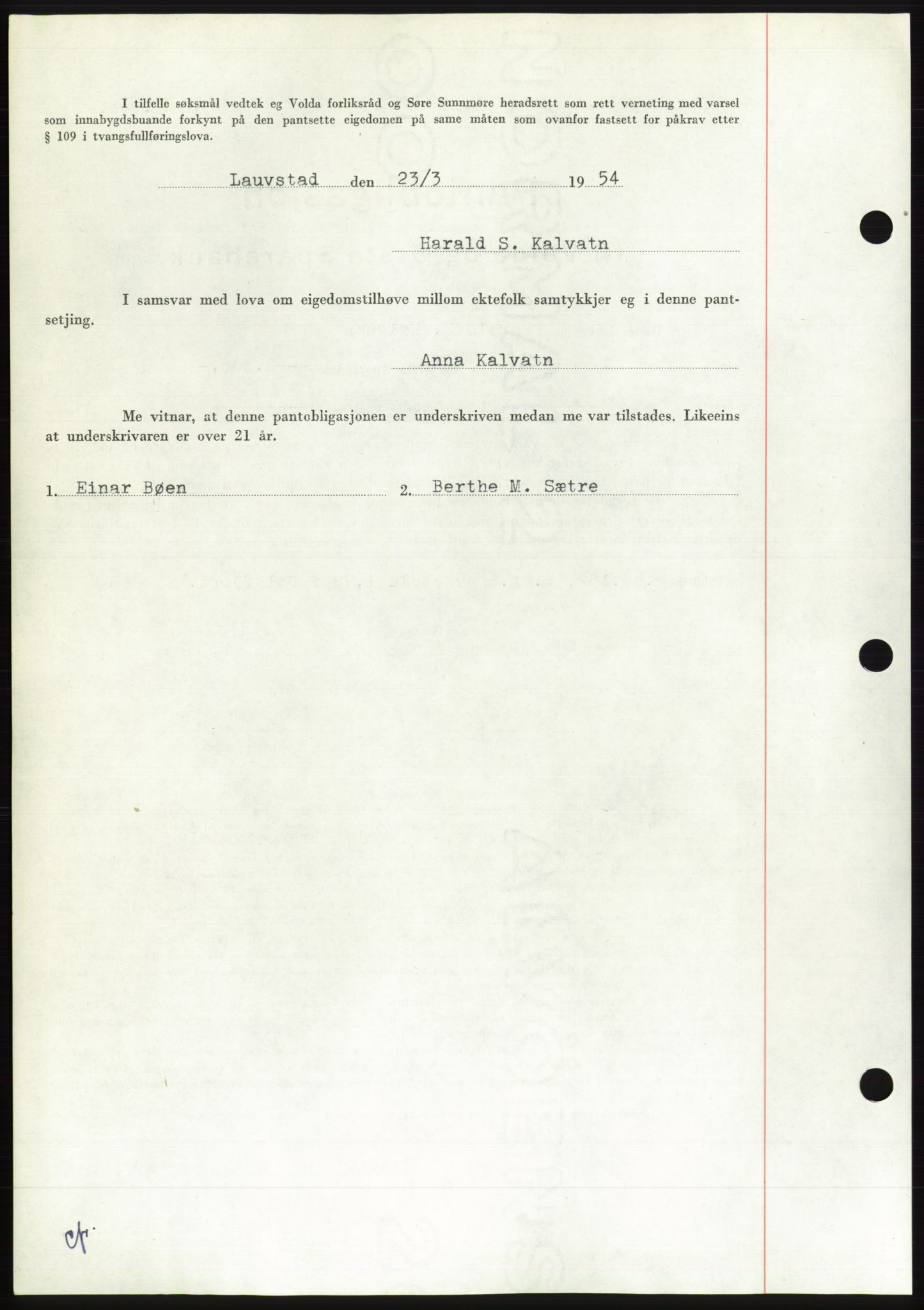 Søre Sunnmøre sorenskriveri, AV/SAT-A-4122/1/2/2C/L0124: Pantebok nr. 12B, 1953-1954, Dagboknr: 706/1954
