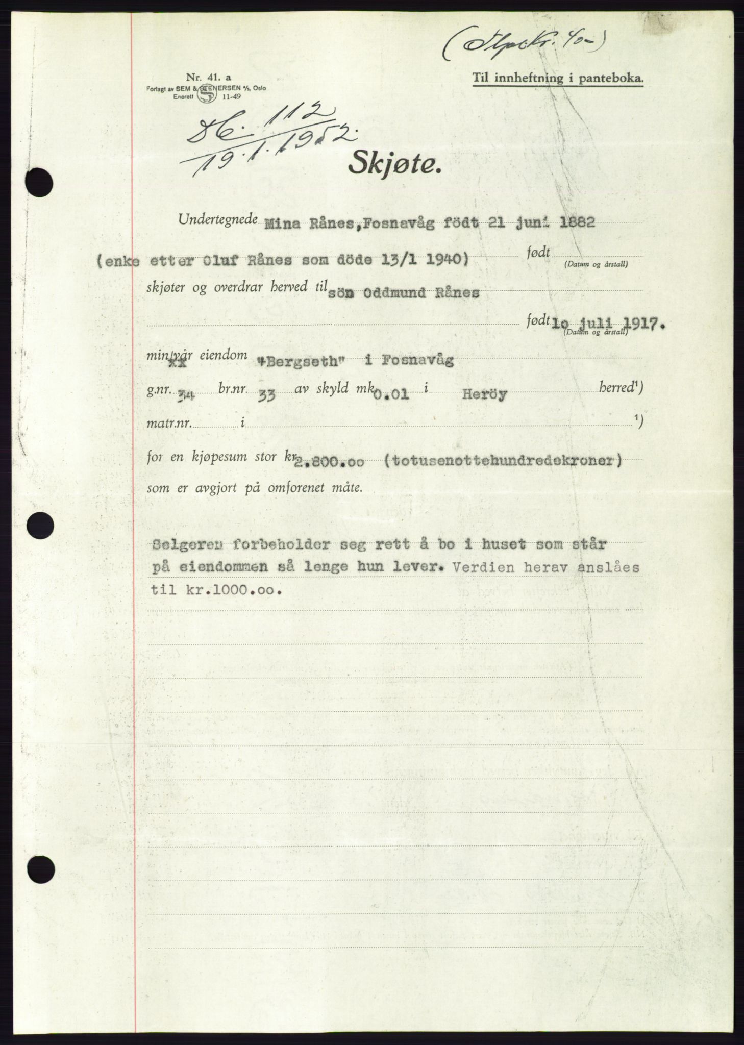 Søre Sunnmøre sorenskriveri, SAT/A-4122/1/2/2C/L0091: Pantebok nr. 17A, 1951-1952, Dagboknr: 112/1952