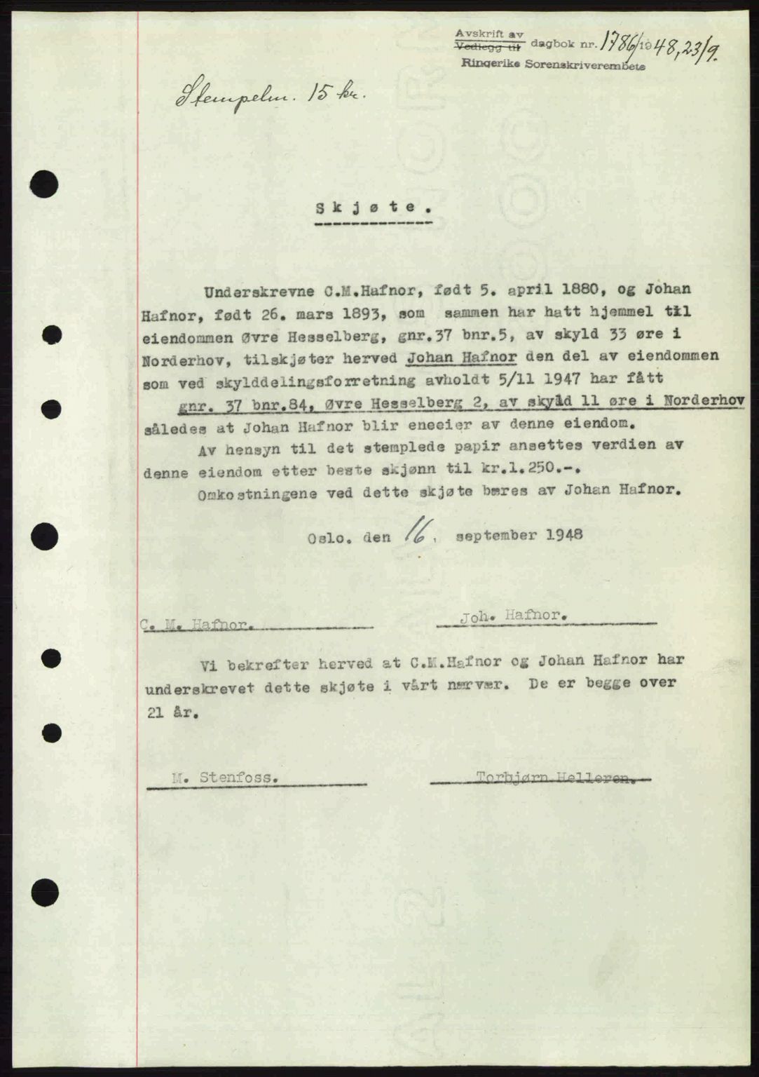 Ringerike sorenskriveri, SAKO/A-105/G/Ga/Gab/L0088: Pantebok nr. A-19, 1948-1948, Dagboknr: 1786/1948