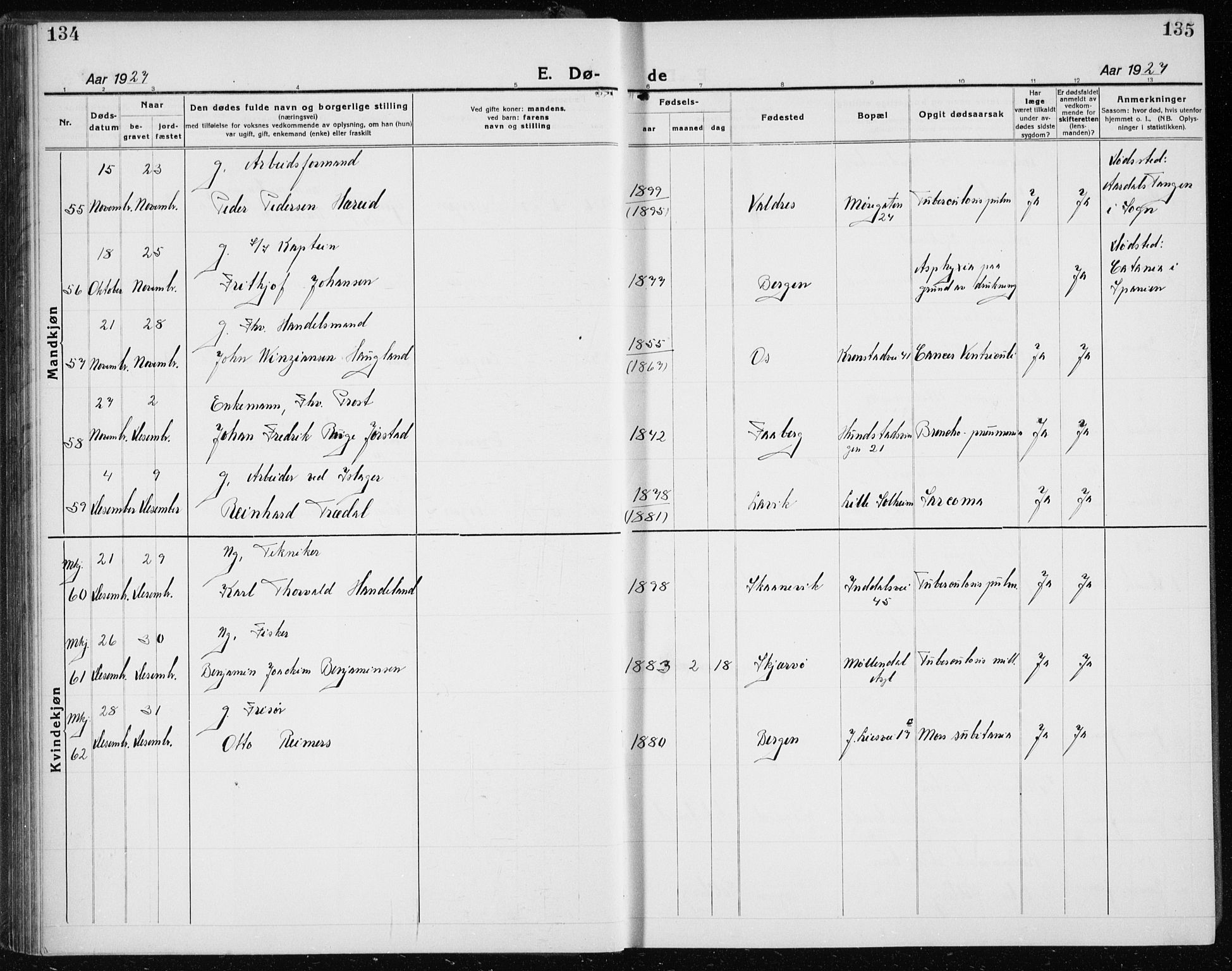 Årstad Sokneprestembete, AV/SAB-A-79301/H/Hab/L0025: Klokkerbok nr. D 2, 1922-1940, s. 134-135