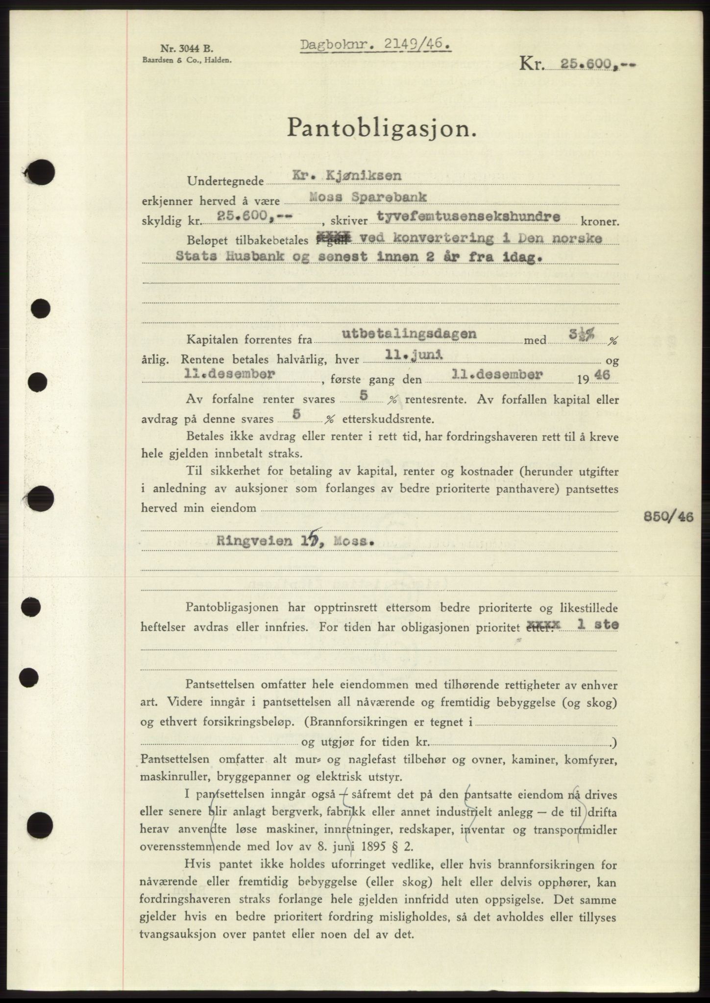 Moss sorenskriveri, SAO/A-10168: Pantebok nr. B15, 1946-1946, Dagboknr: 2149/1946