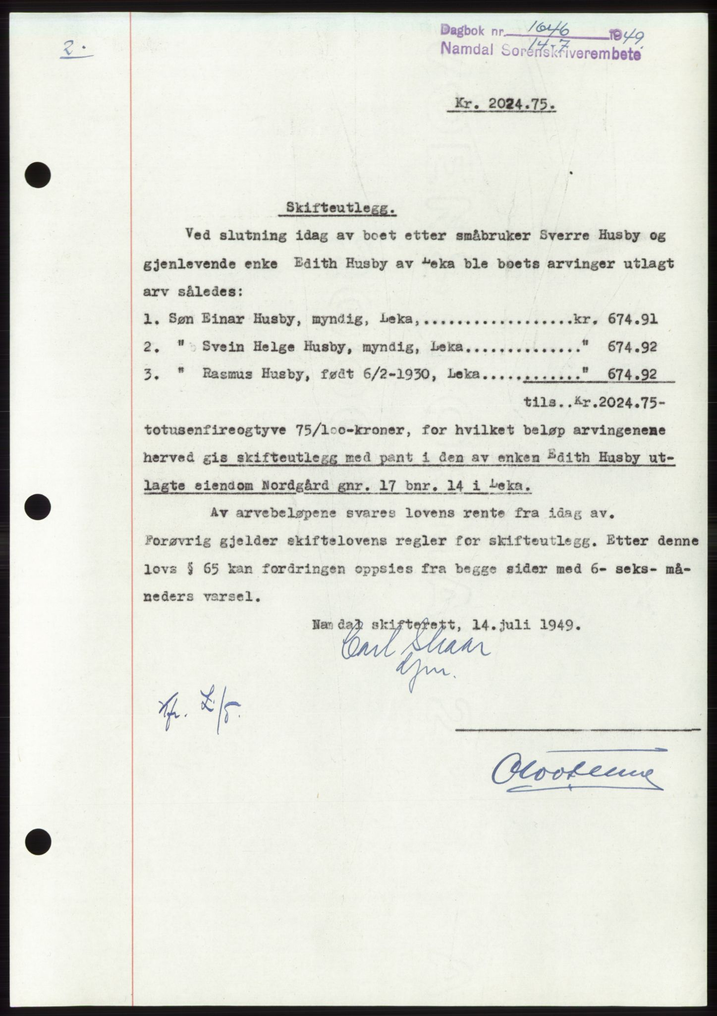Namdal sorenskriveri, SAT/A-4133/1/2/2C: Pantebok nr. -, 1949-1949, Dagboknr: 1646/1949