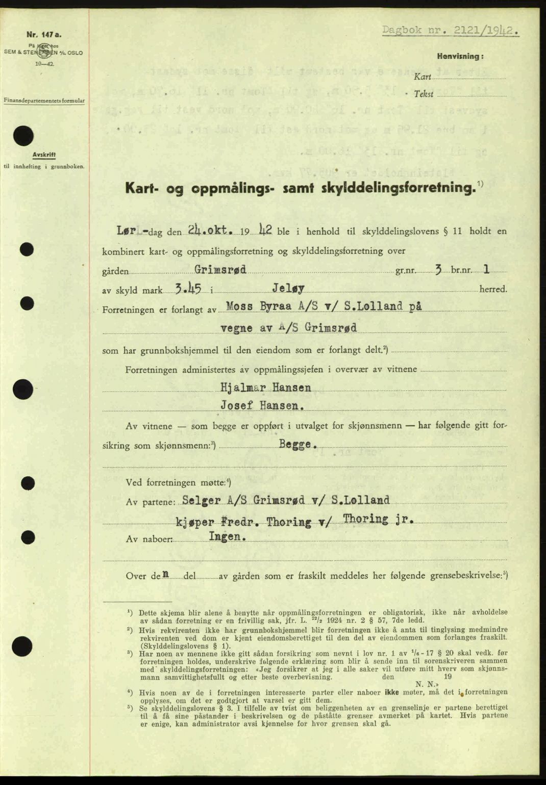 Moss sorenskriveri, SAO/A-10168: Pantebok nr. A10, 1942-1943, Dagboknr: 2121/1942