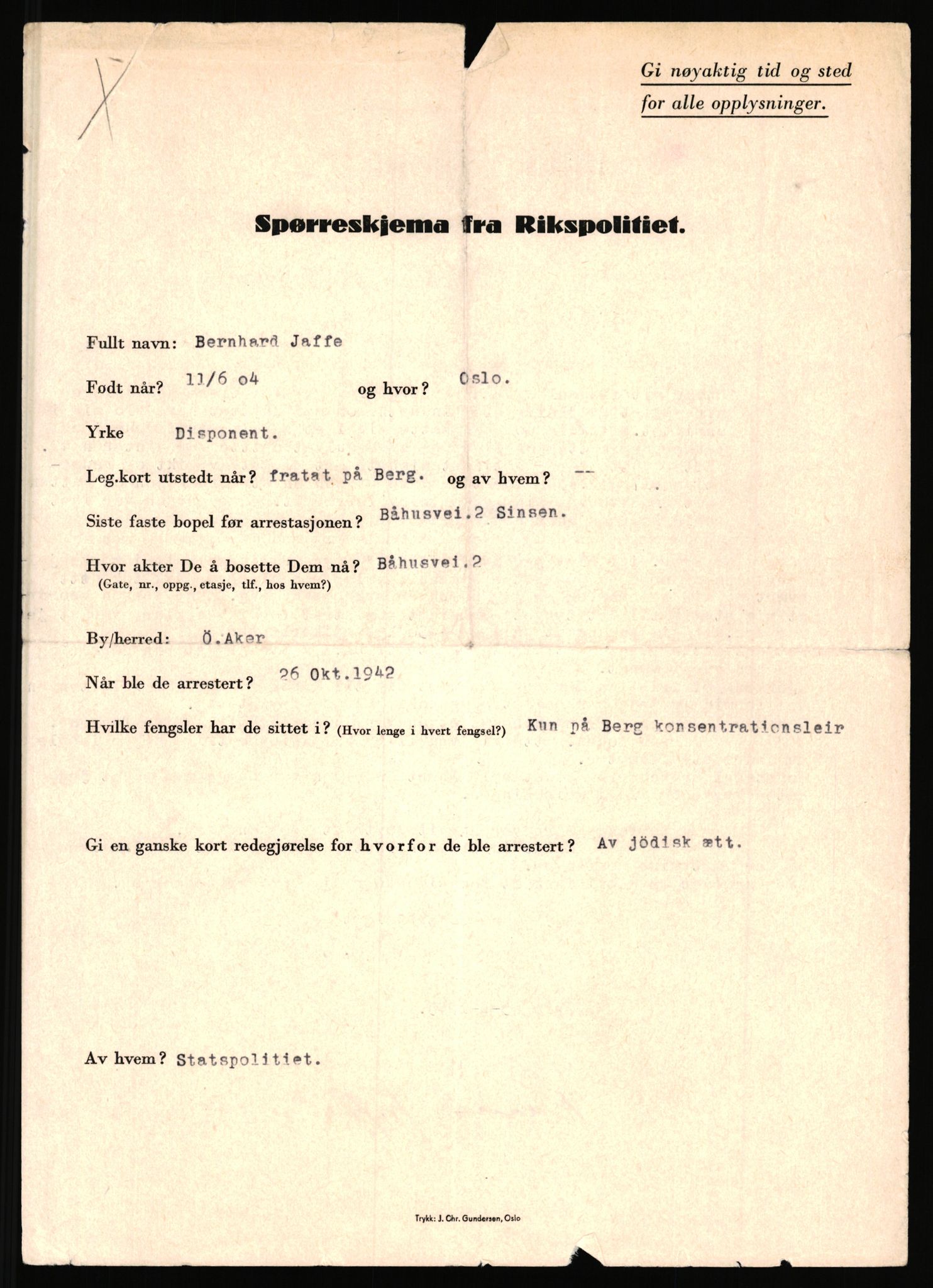 Rikspolitisjefen, RA/S-1560/L/L0008: Jaffe, Berhard - Hafsahl-Karset, Helge (8 mapper), 1940-1945, s. 1