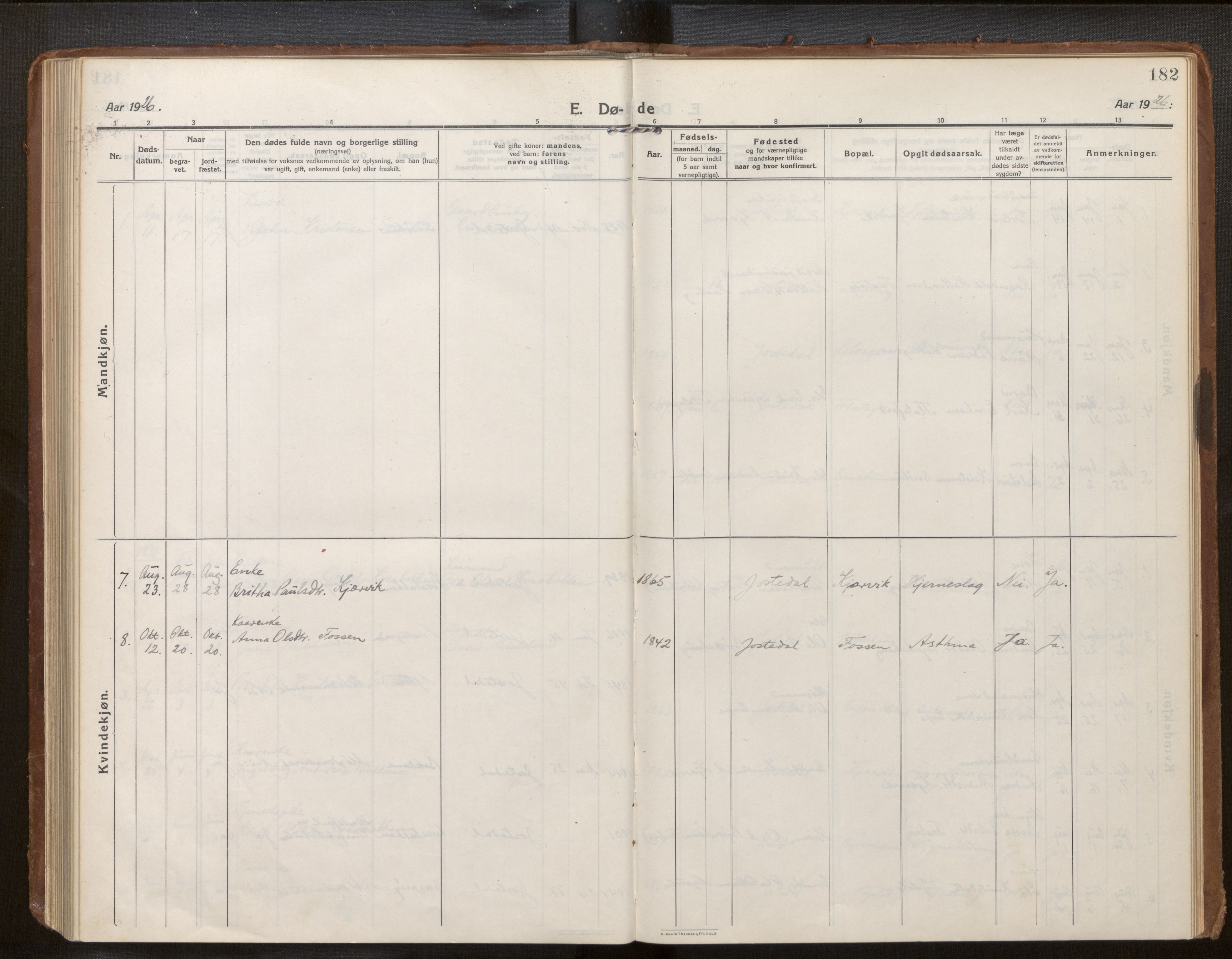 Jostedal sokneprestembete, SAB/A-80601/H/Haa/Haab/L0002: Ministerialbok nr. B 2, 1915-1931, s. 182