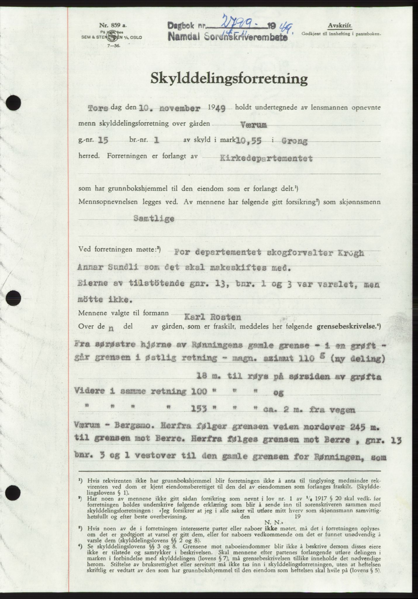 Namdal sorenskriveri, SAT/A-4133/1/2/2C: Pantebok nr. -, 1949-1949, Dagboknr: 2799/1949