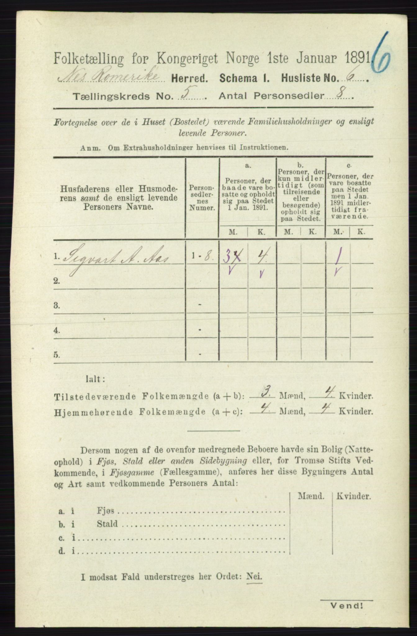 RA, Folketelling 1891 for 0236 Nes herred, 1891, s. 2707