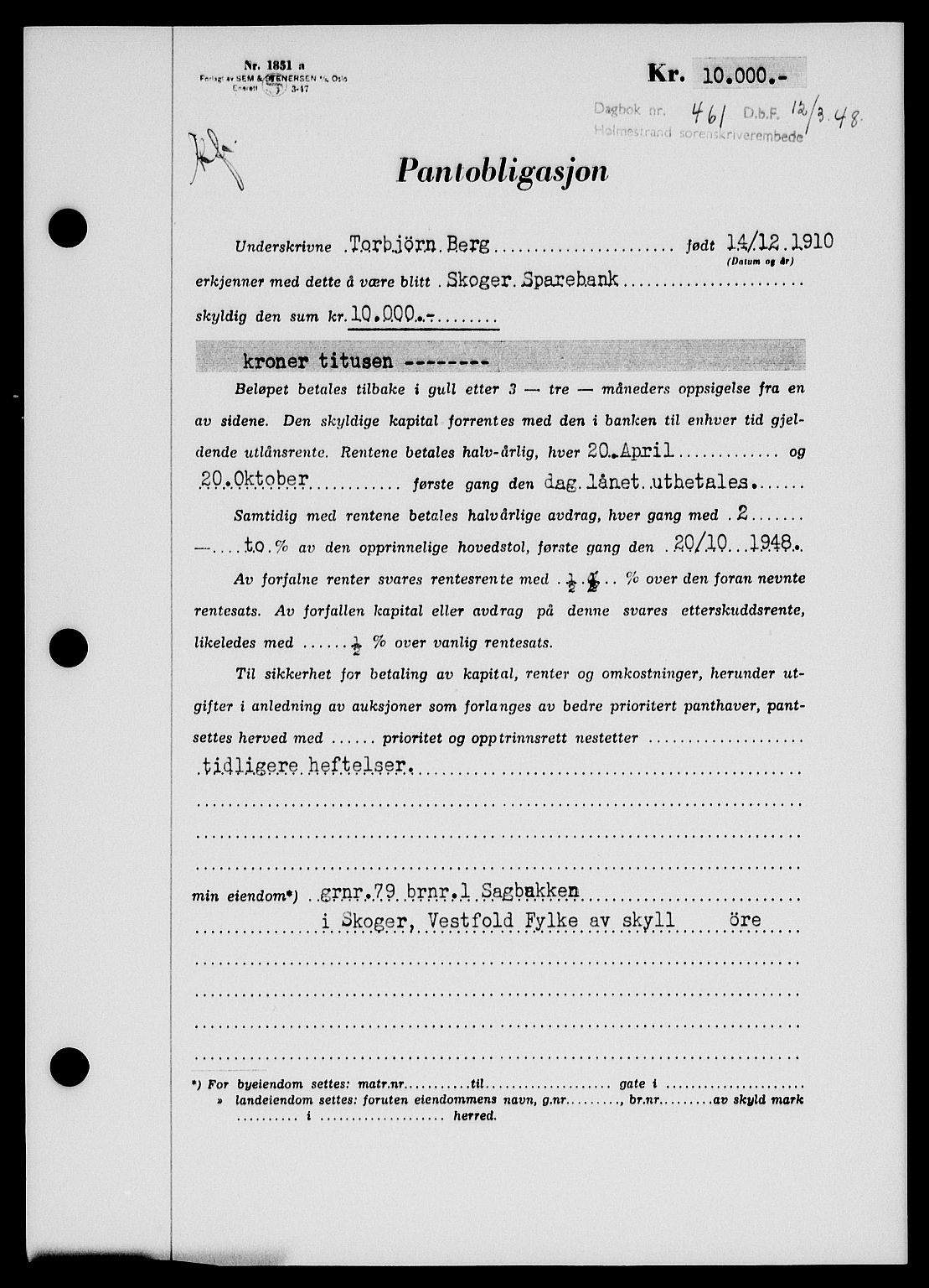 Holmestrand sorenskriveri, SAKO/A-67/G/Ga/Gab/L0058: Pantebok nr. B-58, 1947-1948, Dagboknr: 461/1948