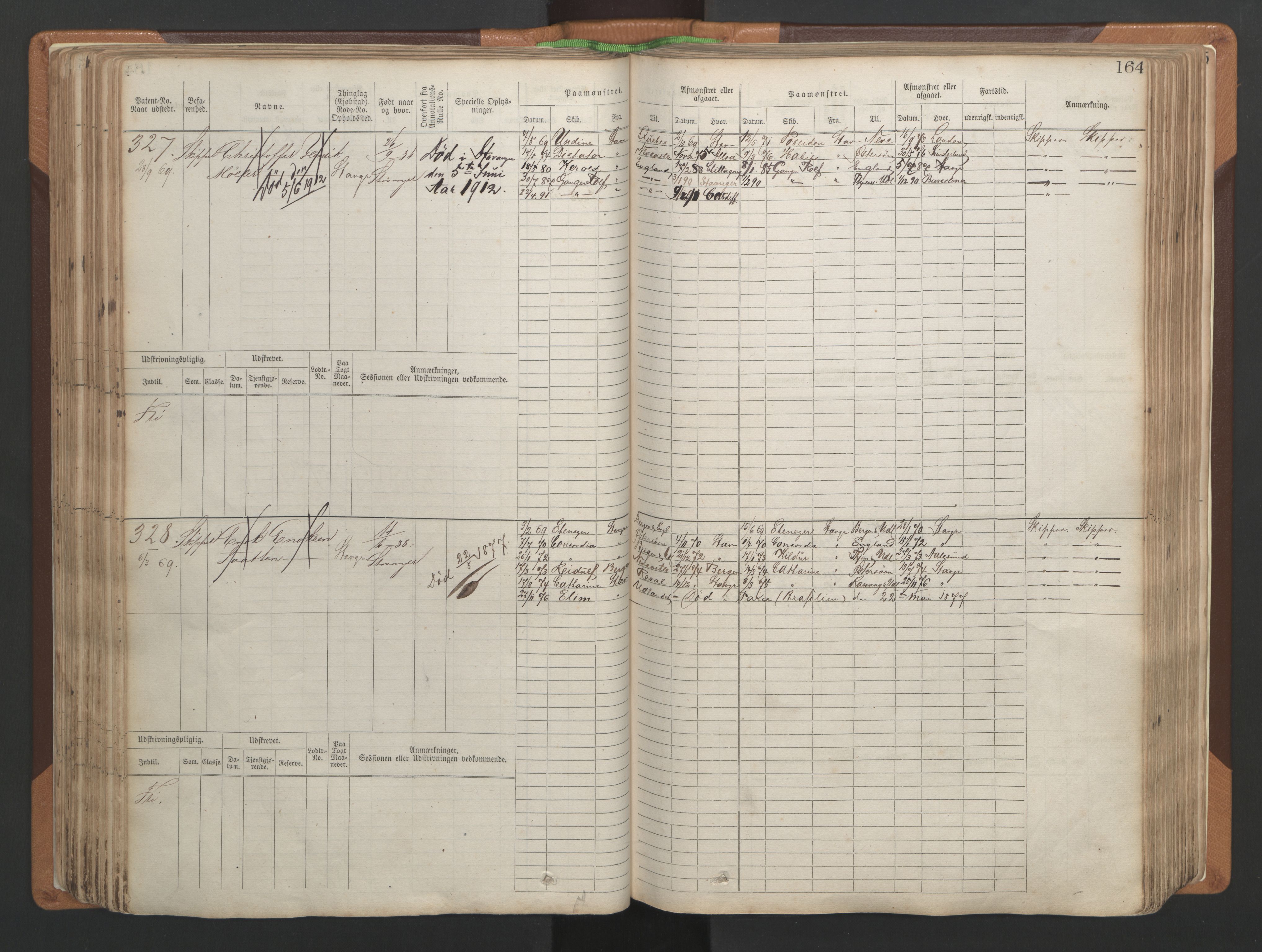 Stavanger sjømannskontor, AV/SAST-A-102006/F/Fb/Fbb/L0004: Sjøfartshovedrulle, patentnr. 1-792 (del 1), 1869-1880, s. 168