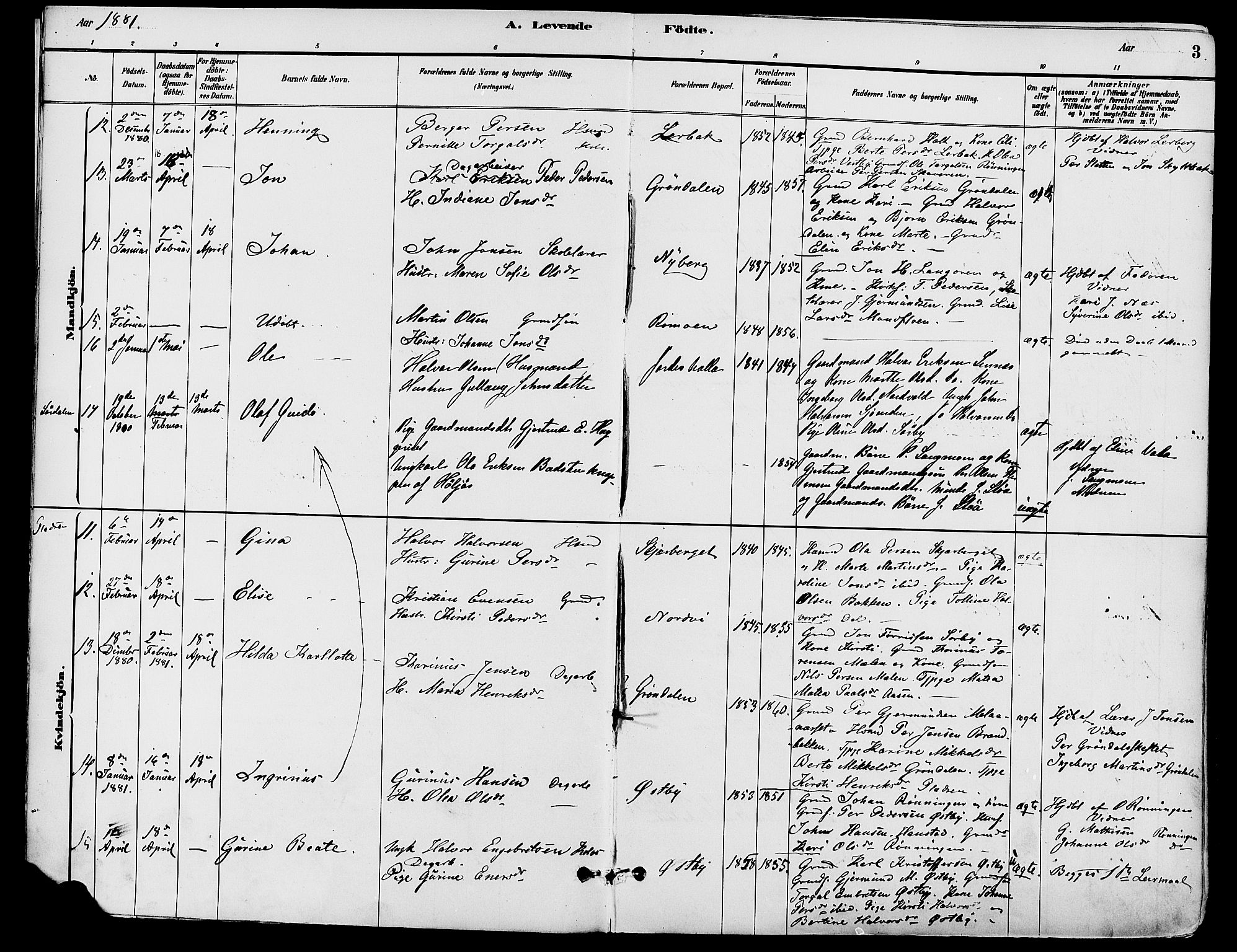 Trysil prestekontor, AV/SAH-PREST-046/H/Ha/Haa/L0008: Ministerialbok nr. 8, 1881-1897, s. 3