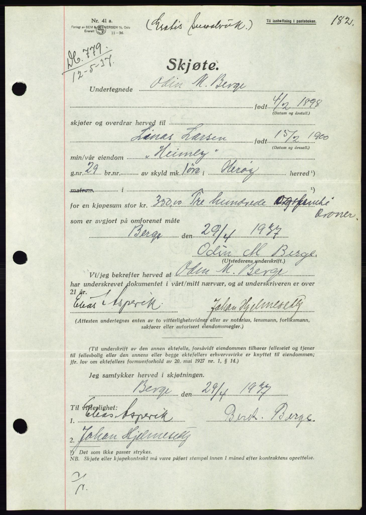 Søre Sunnmøre sorenskriveri, AV/SAT-A-4122/1/2/2C/L0063: Pantebok nr. 57, 1937-1937, Dagboknr: 779/1937