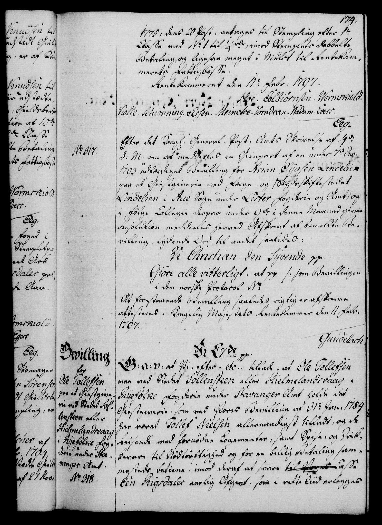Rentekammeret, Kammerkanselliet, RA/EA-3111/G/Gg/Gga/L0016: Norsk ekspedisjonsprotokoll med register (merket RK 53.16), 1794-1800, s. 174