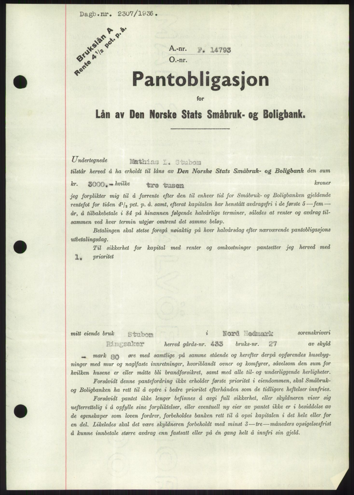 Nord-Hedmark sorenskriveri, SAH/TING-012/H/Hb/Hbf/L0001: Pantebok nr. B1, 1936-1936, Dagboknr: 2307/1936