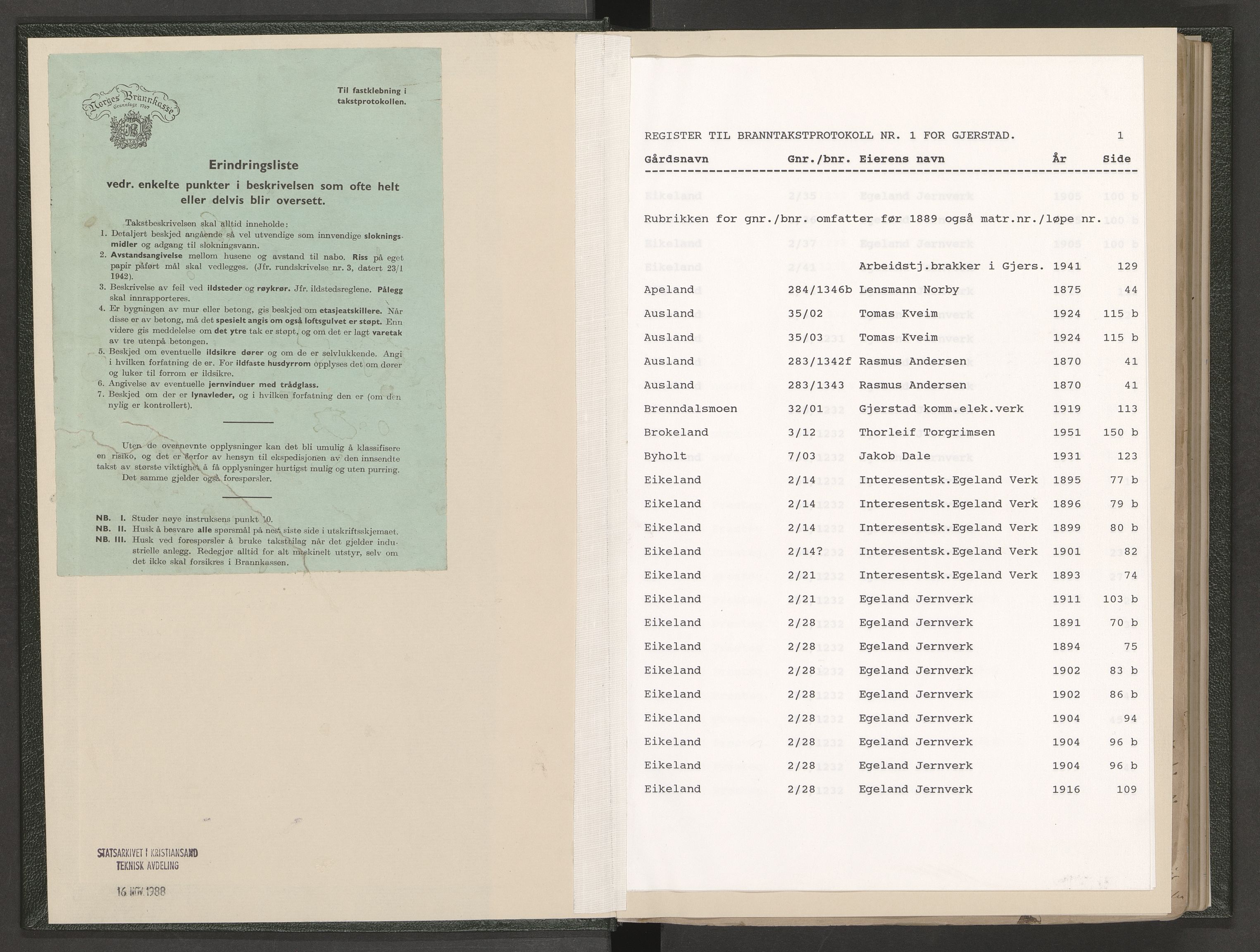 Norges Brannkasse Gjerstad, AV/SAK-2241-0017/F/Fa/L0001: Branntakstprotokoll nr. 1 med gårdsnavnregister, 1846-1955