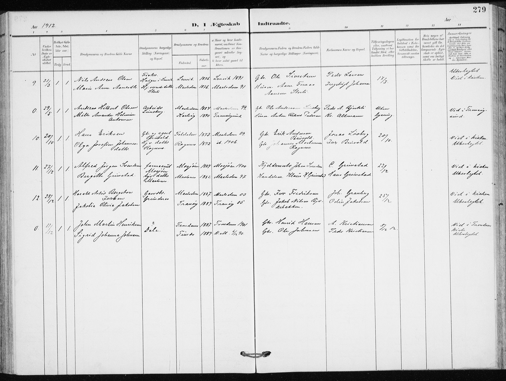 Målselv sokneprestembete, AV/SATØ-S-1311/G/Ga/Gaa/L0011kirke: Ministerialbok nr. 11, 1904-1918, s. 279