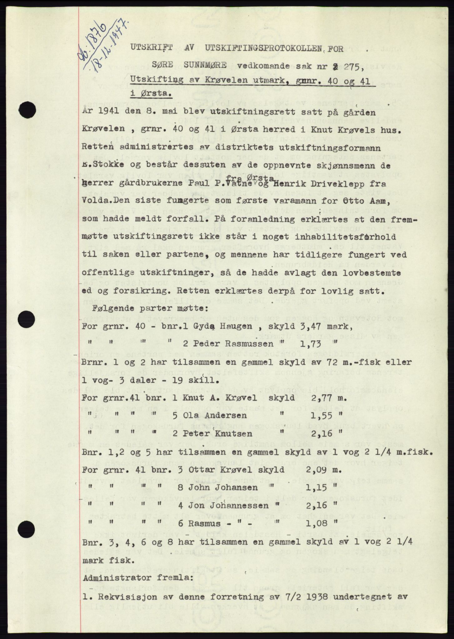 Søre Sunnmøre sorenskriveri, AV/SAT-A-4122/1/2/2C/L0081: Pantebok nr. 7A, 1947-1948, Dagboknr: 1876/1947