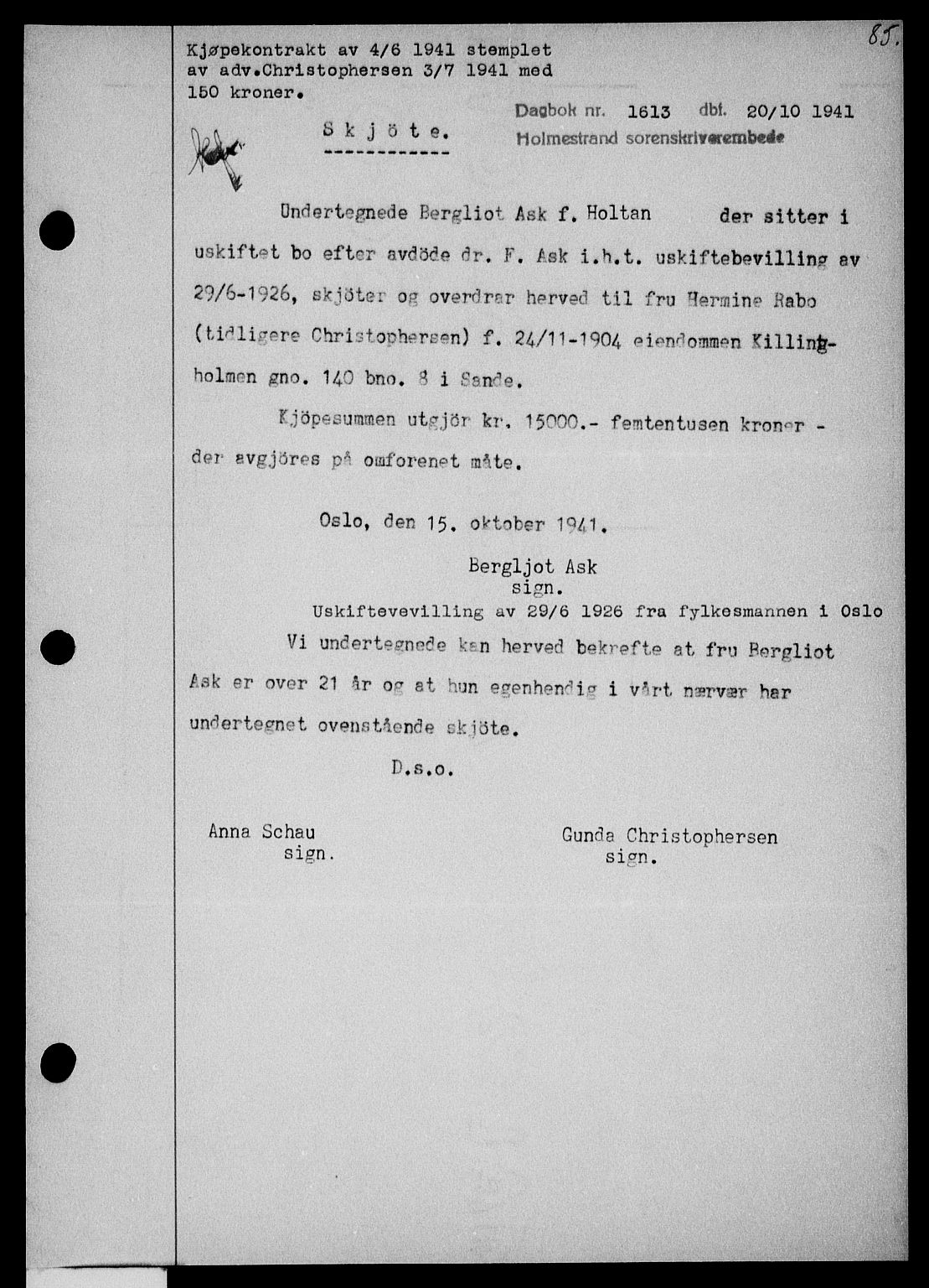 Holmestrand sorenskriveri, SAKO/A-67/G/Ga/Gaa/L0054: Pantebok nr. A-54, 1941-1942, Dagboknr: 1613/1941