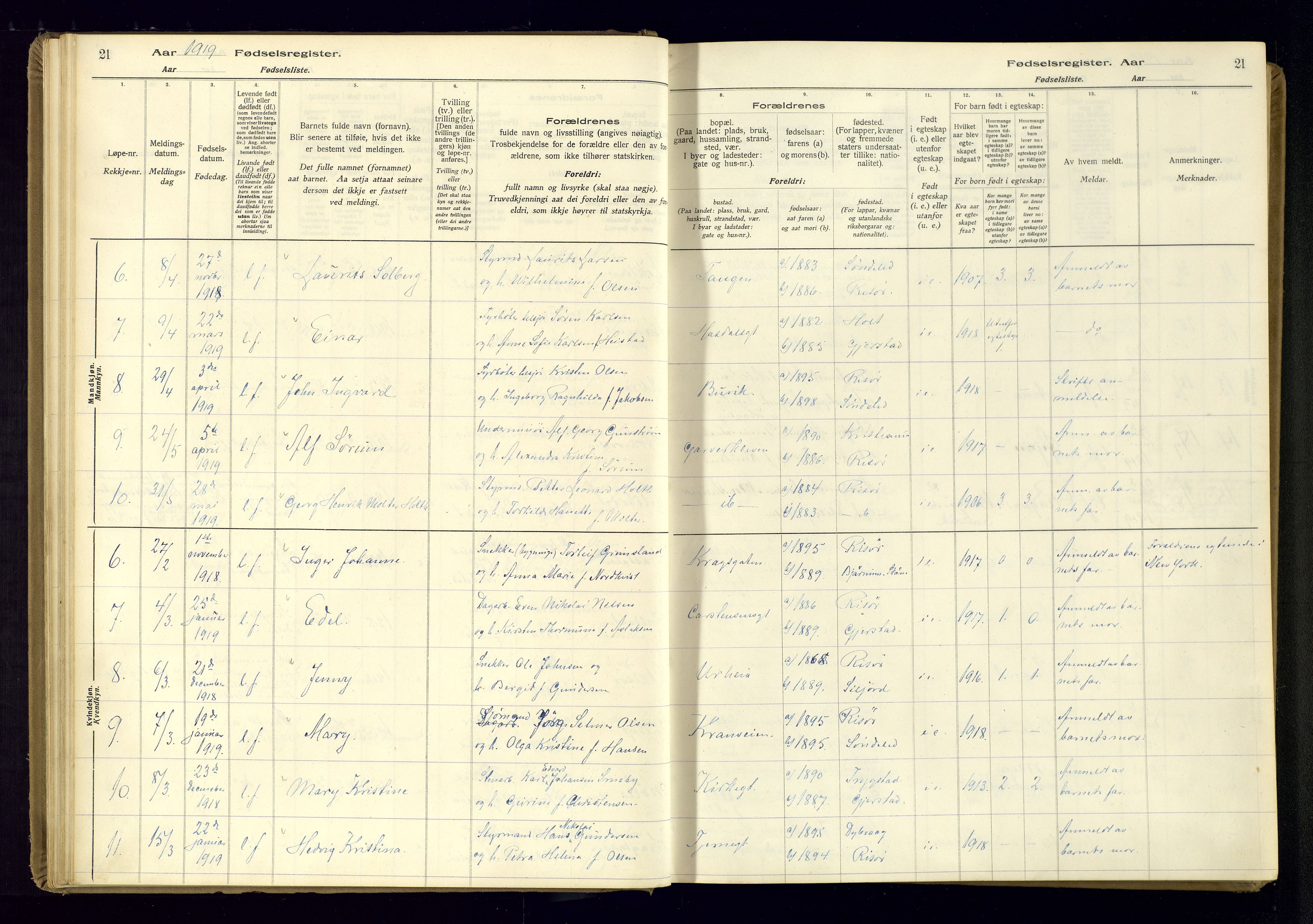 Risør sokneprestkontor, AV/SAK-1111-0035/J/Ja/L0001: Fødselsregister nr. A-VI-13, 1916-1947, s. 21