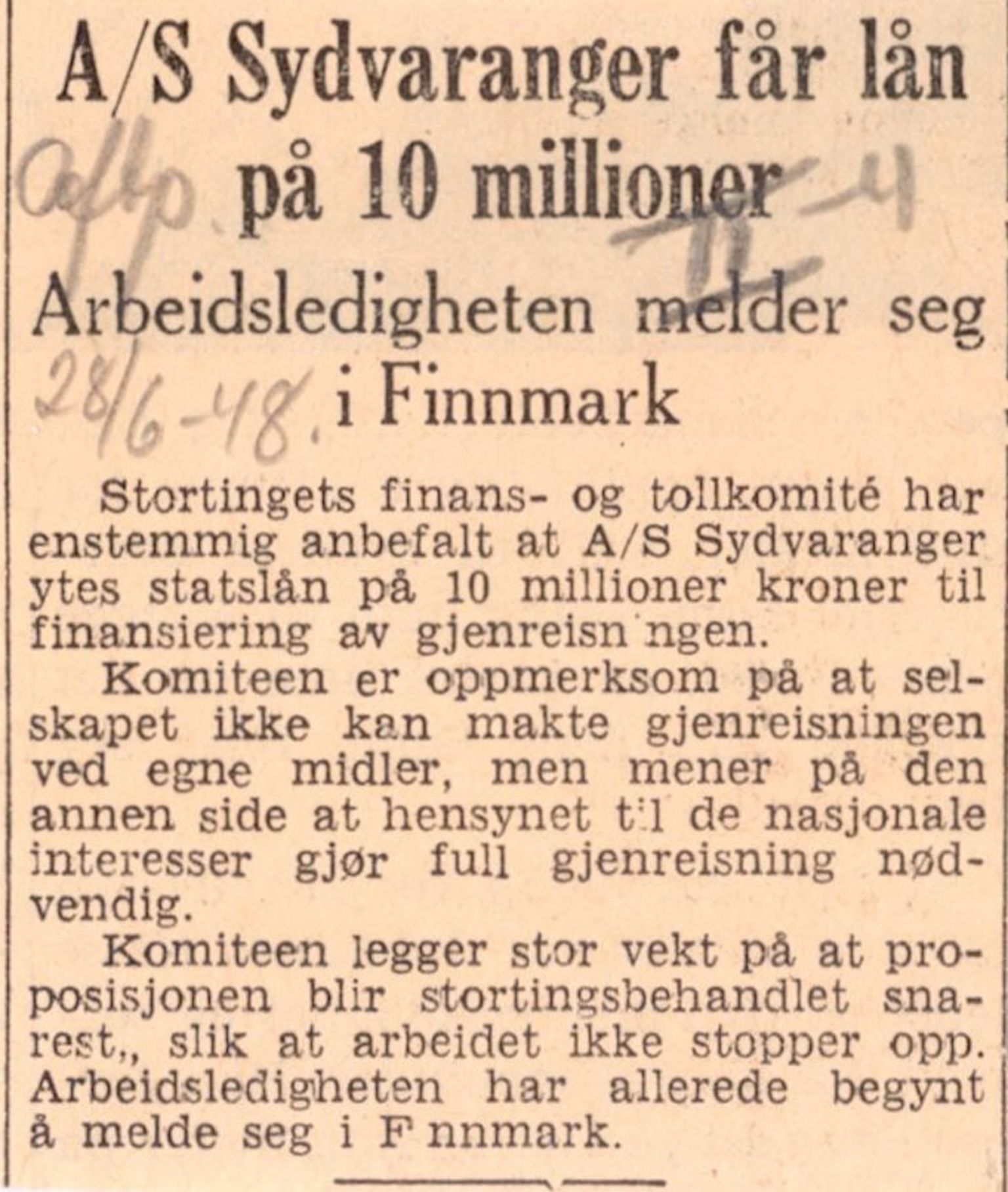 Finnmarkskontorets presse- og opplysningsarkiv , FMFB/A-1198/E/L0004/0004: 2. Finansiering / Statsstønad, bevilging
