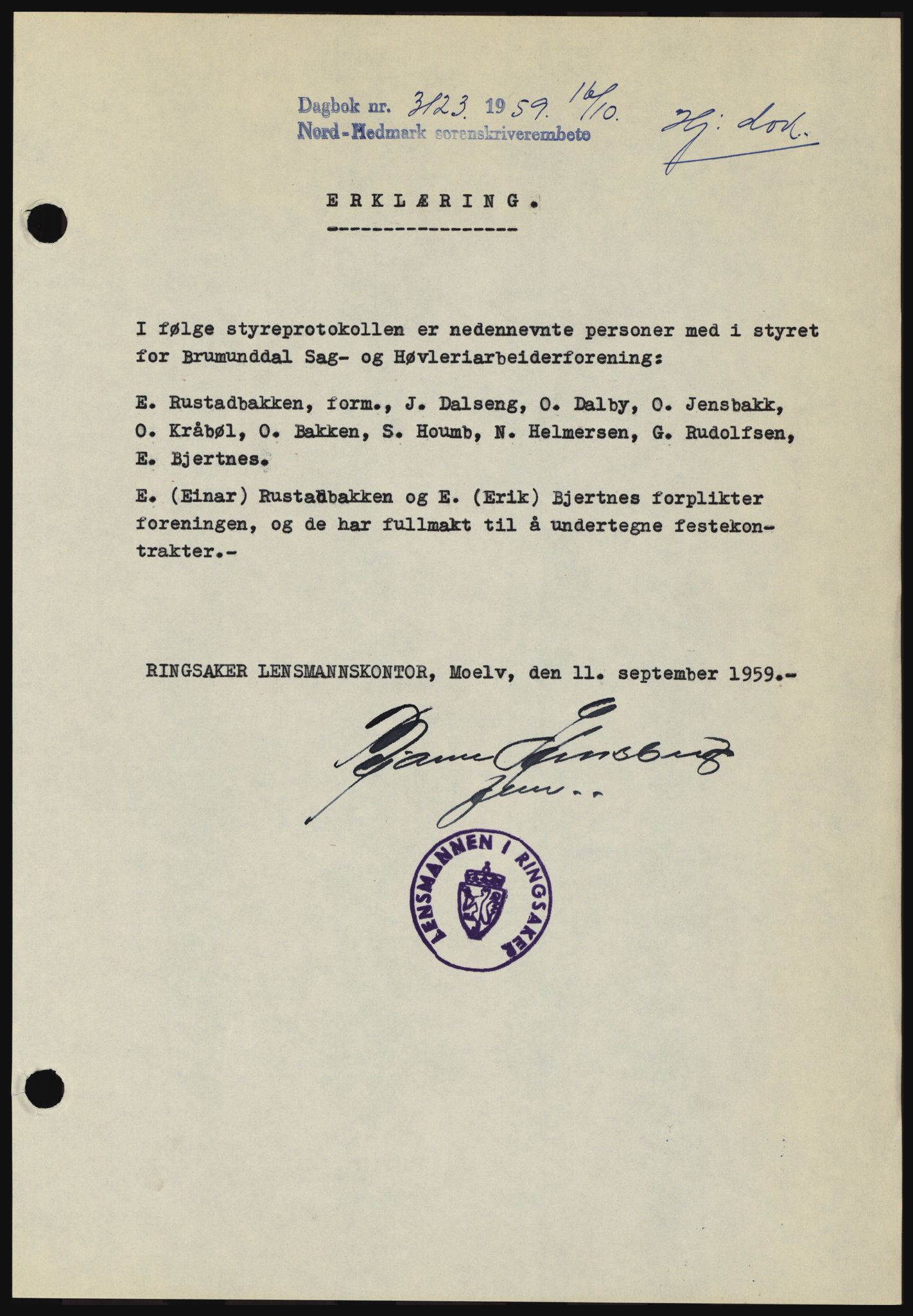 Nord-Hedmark sorenskriveri, SAH/TING-012/H/Hc/L0013: Pantebok nr. 13, 1959-1960, Dagboknr: 3123/1959