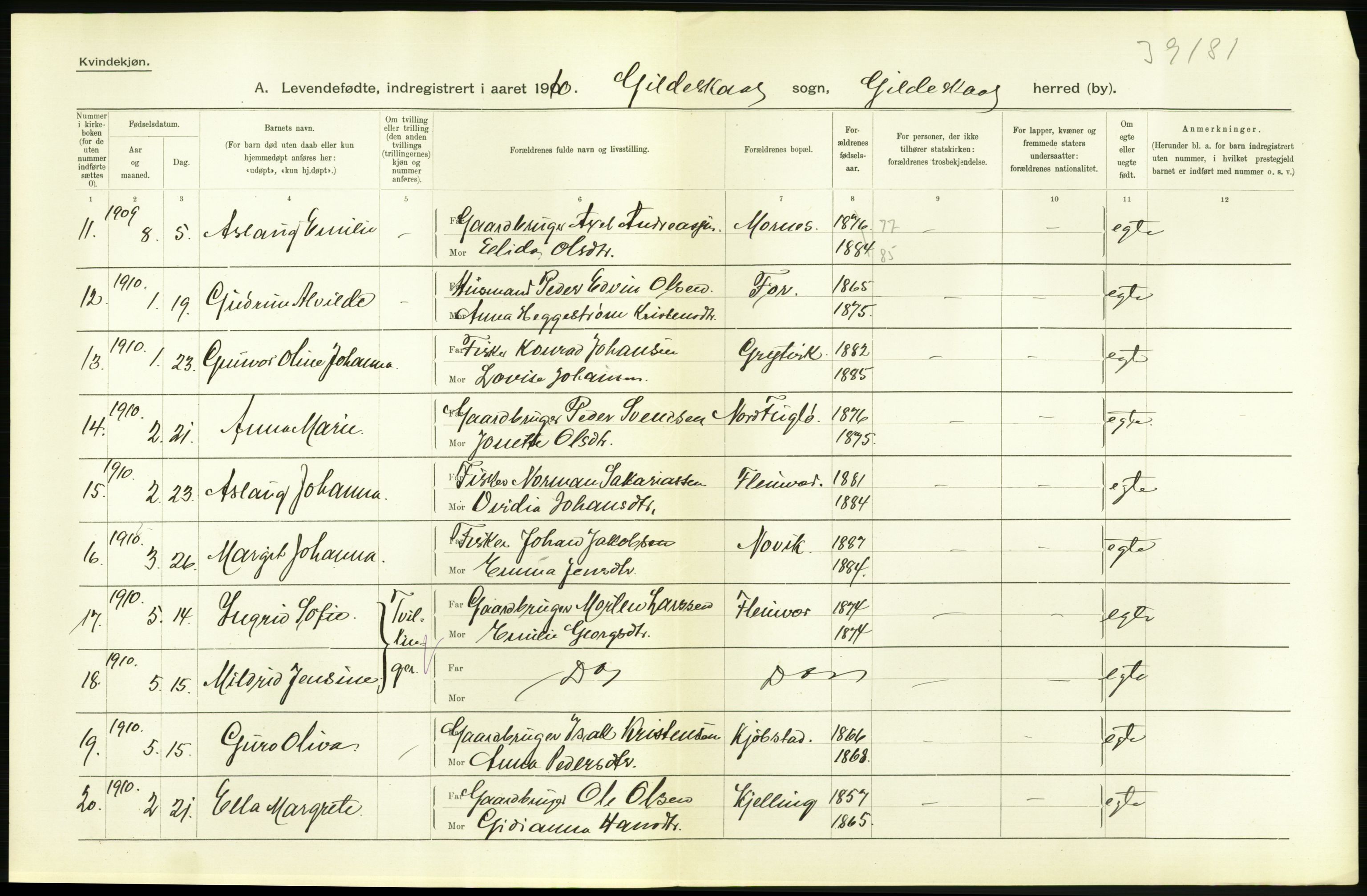 Statistisk sentralbyrå, Sosiodemografiske emner, Befolkning, AV/RA-S-2228/D/Df/Dfa/Dfah/L0040: Nordlands amt: Levendefødte menn og kvinner. Bygder., 1910, s. 22