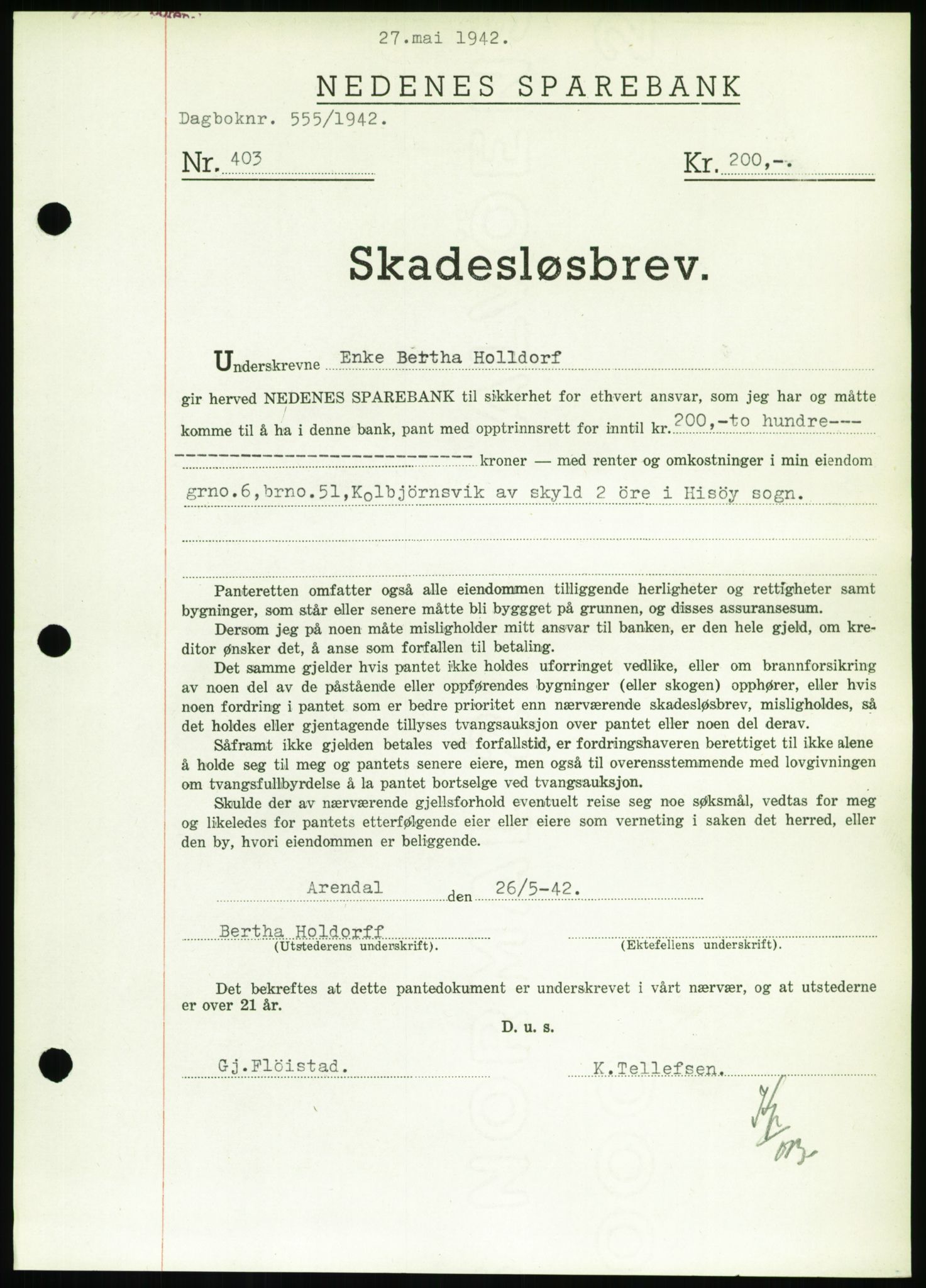 Nedenes sorenskriveri, SAK/1221-0006/G/Gb/Gbb/L0002: Pantebok nr. II, 1942-1945, Dagboknr: 555/1942