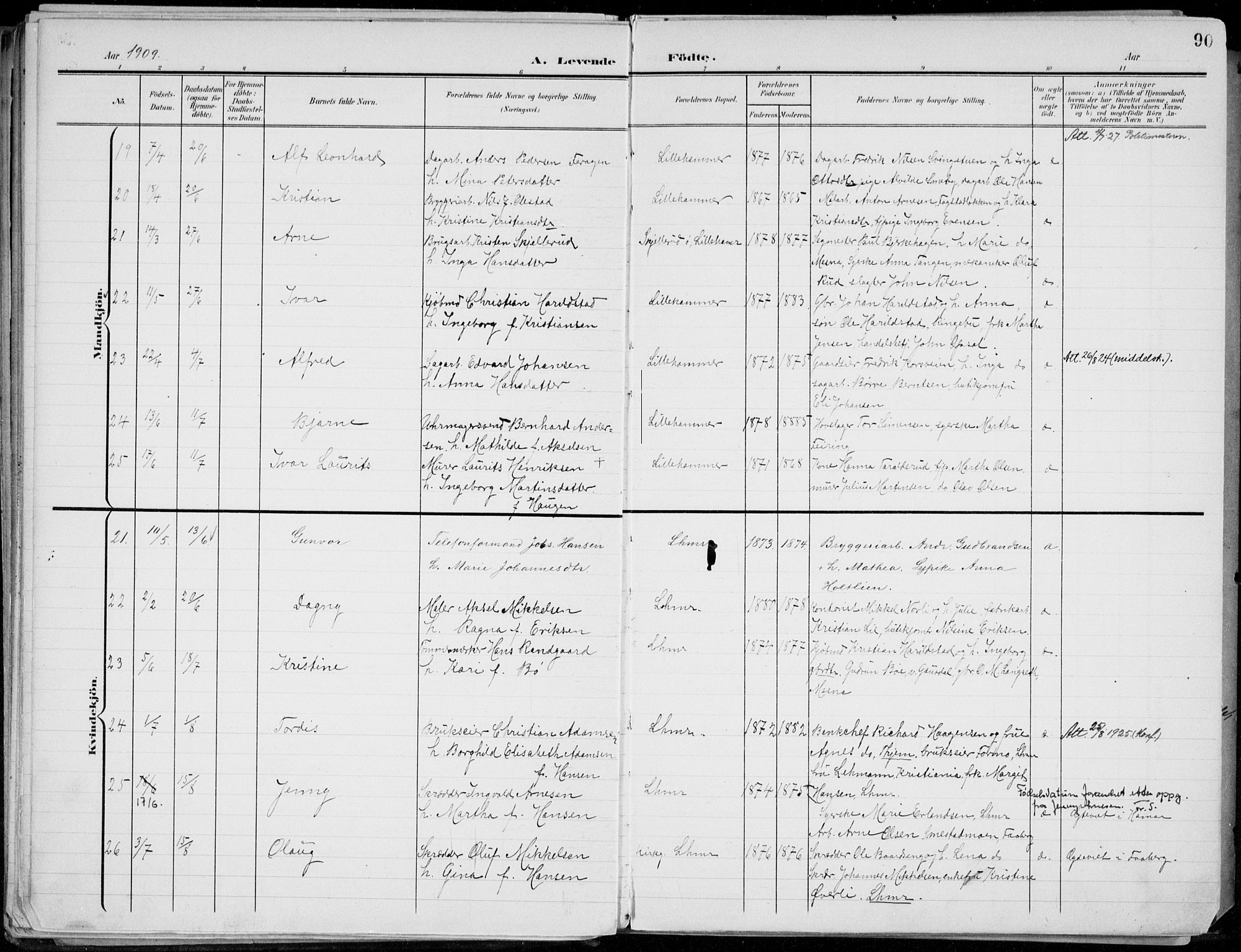 Lillehammer prestekontor, AV/SAH-PREST-088/H/Ha/Haa/L0001: Ministerialbok nr. 1, 1901-1916, s. 90