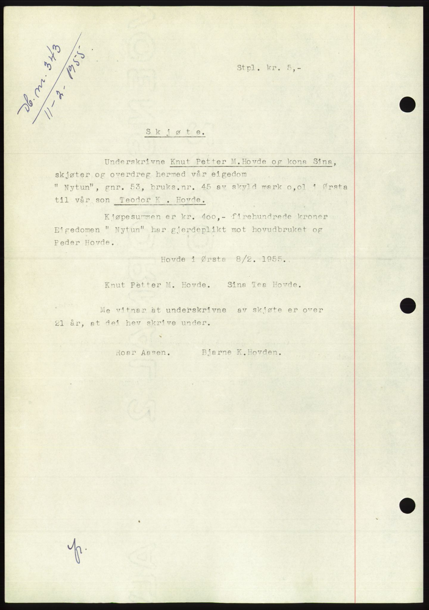 Søre Sunnmøre sorenskriveri, AV/SAT-A-4122/1/2/2C/L0100: Pantebok nr. 26A, 1954-1955, Dagboknr: 343/1955
