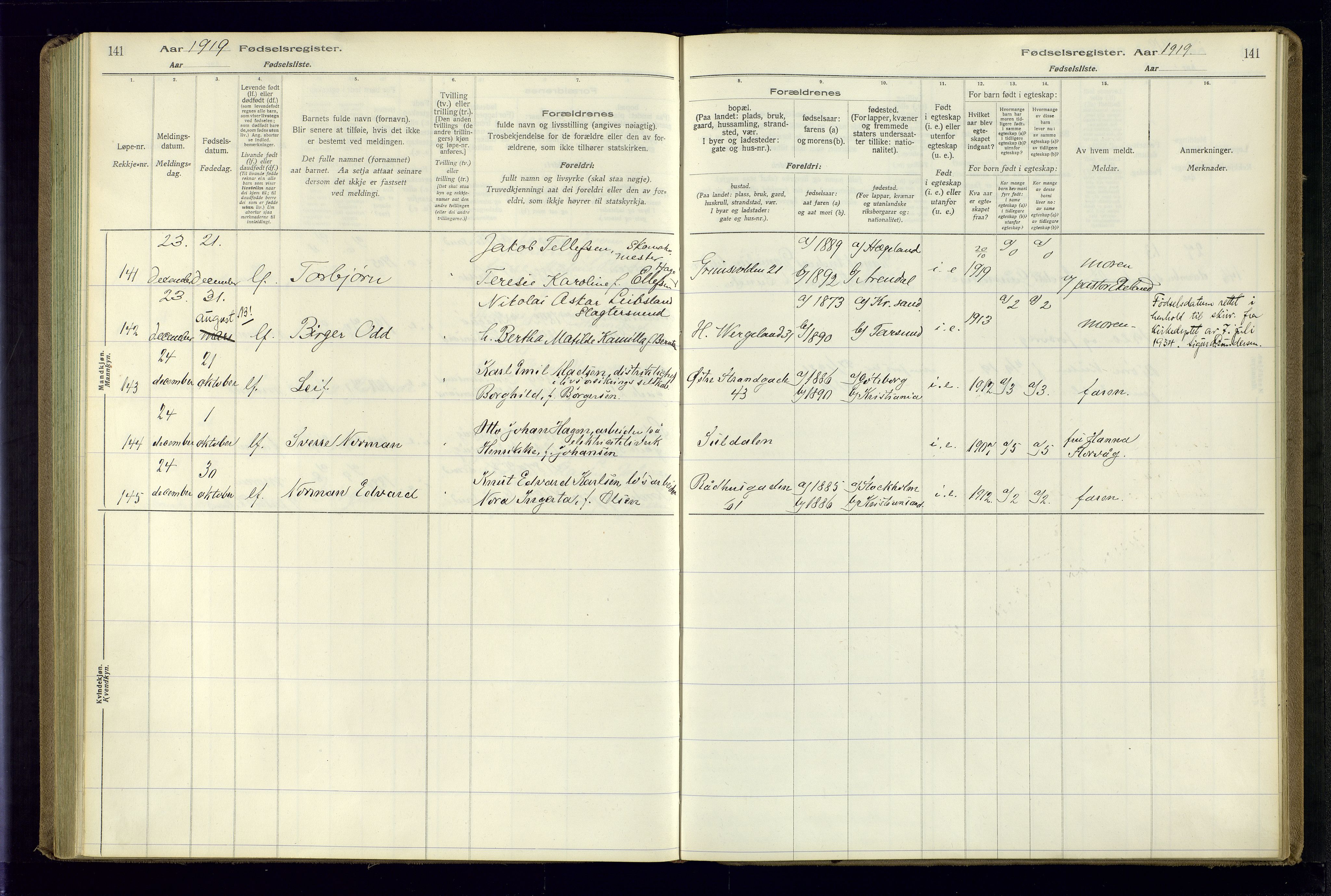 Kristiansand domprosti, AV/SAK-1112-0006/J/Jc/L0001: Fødselsregister nr. A-VI-45, 1916-1921, s. 141