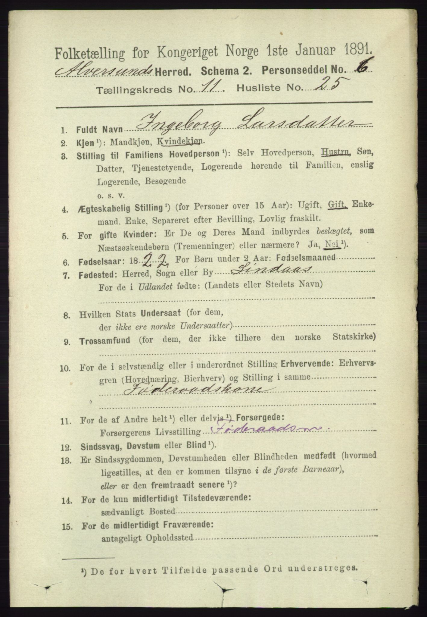 RA, Folketelling 1891 for 1257 Alversund herred, 1891, s. 3877