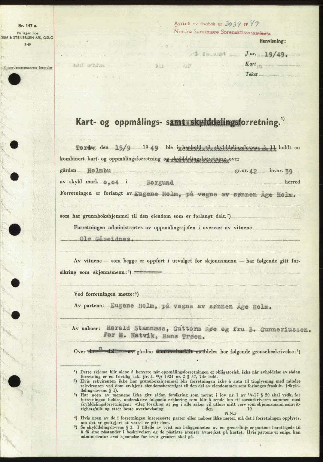 Nordre Sunnmøre sorenskriveri, SAT/A-0006/1/2/2C/2Ca: Pantebok nr. A33, 1949-1950, Dagboknr: 3039/1949