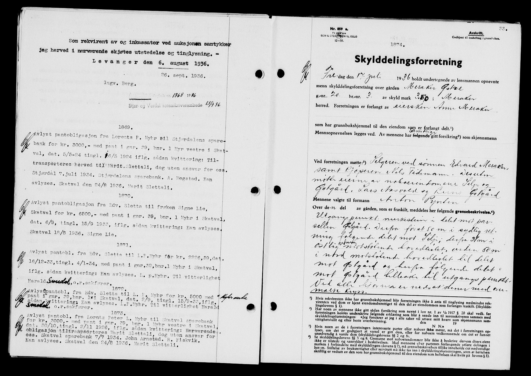 Stjør- og Verdal sorenskriveri, SAT/A-4167/1/2/2C/L0078: Pantebok nr. 46, 1936-1937, Dagboknr: 1874/1936