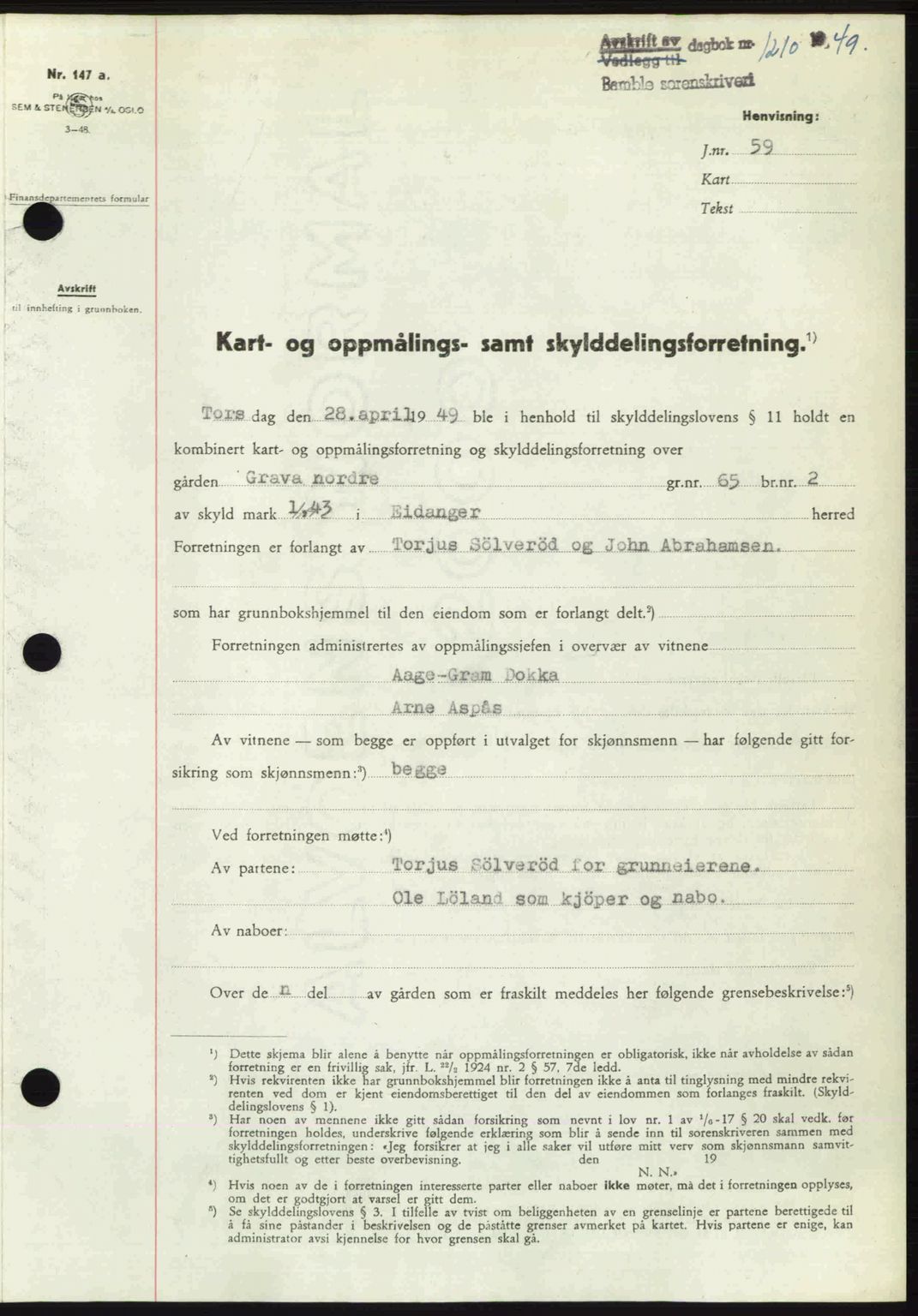 Bamble sorenskriveri, SAKO/A-214/G/Ga/Gag/L0015: Pantebok nr. A-15, 1949-1949, Dagboknr: 1210/1949