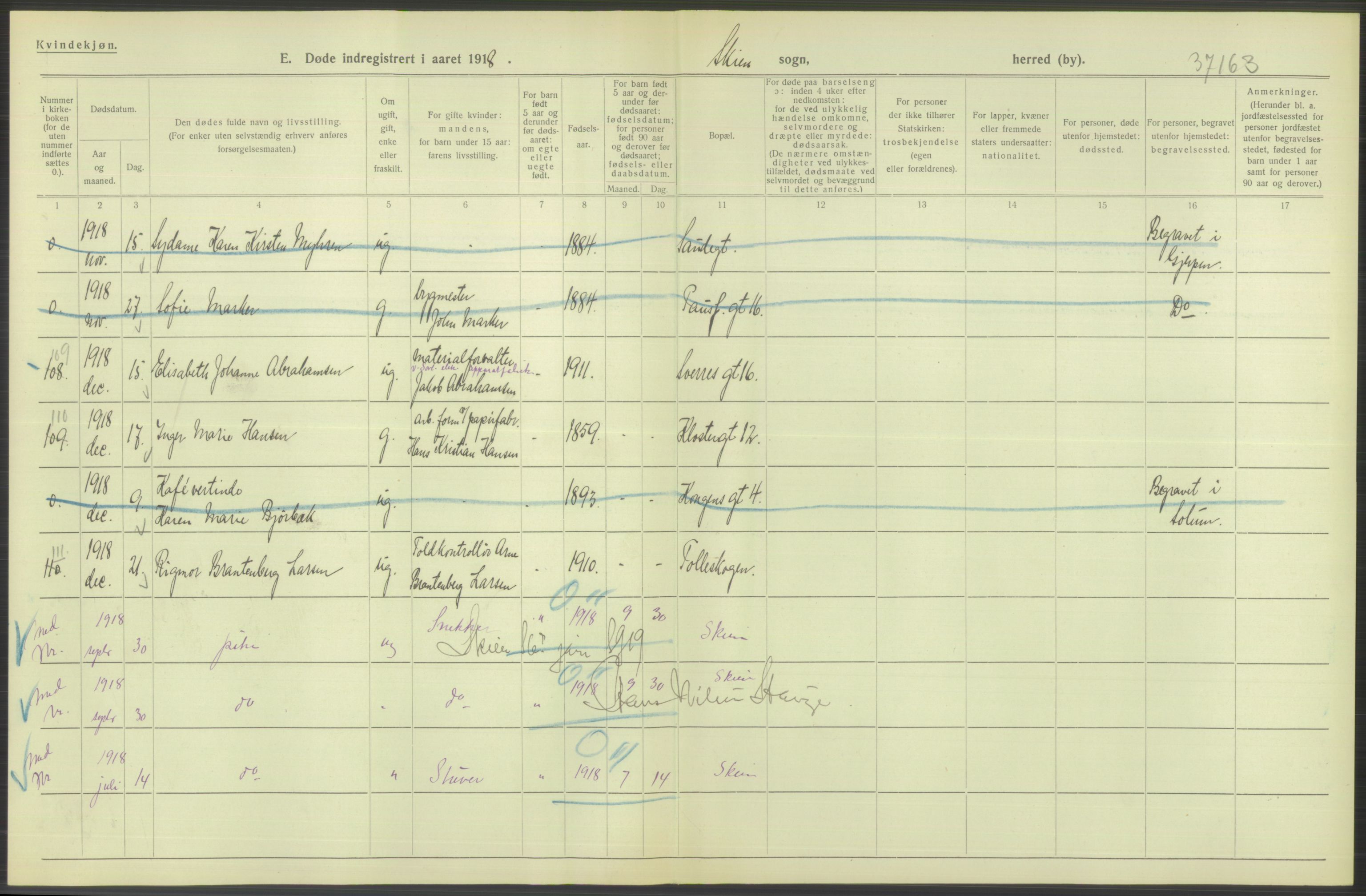 Statistisk sentralbyrå, Sosiodemografiske emner, Befolkning, AV/RA-S-2228/D/Df/Dfb/Dfbh/L0026: Telemark fylke: Døde. Bygder og byer., 1918, s. 158