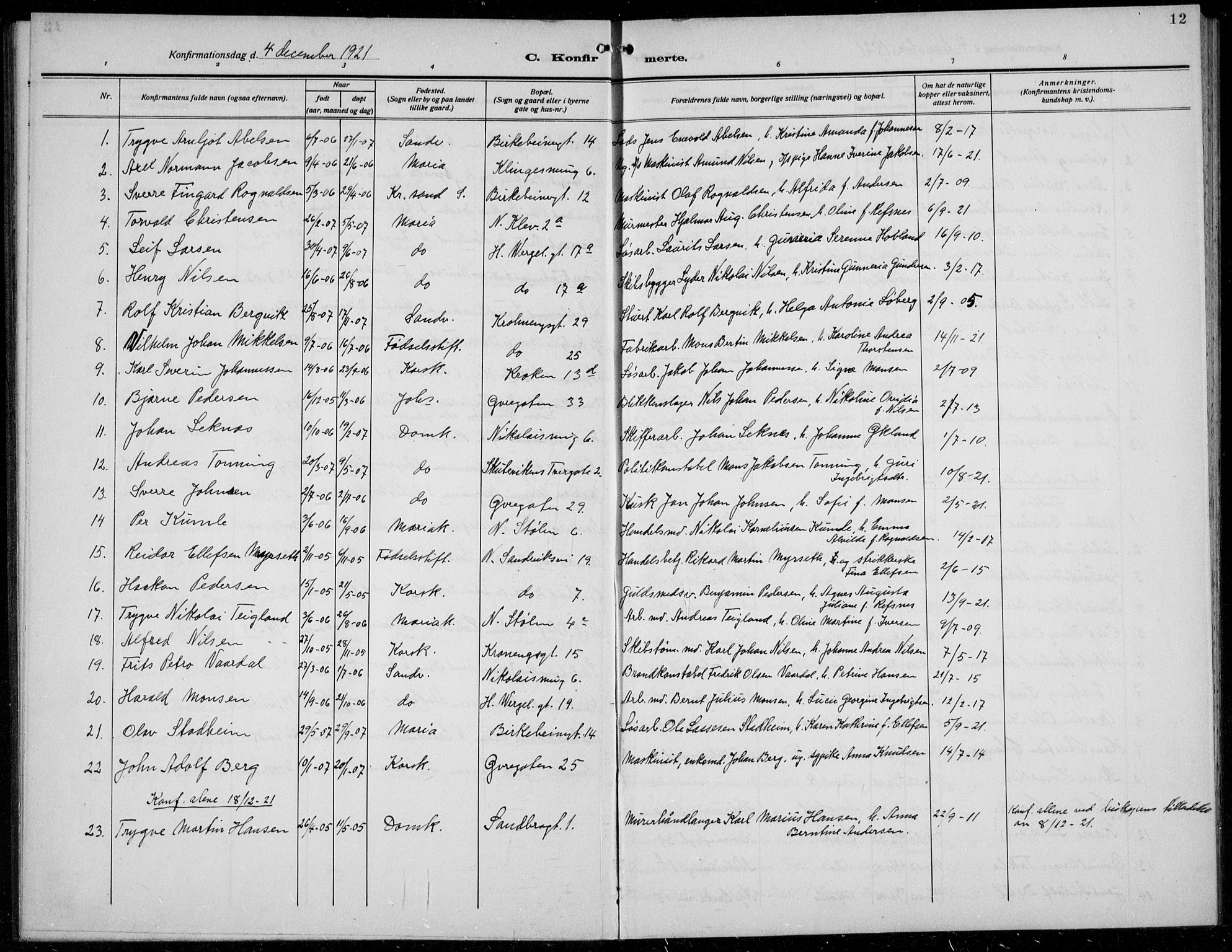 Mariakirken Sokneprestembete, AV/SAB-A-76901/H/Hab/L0010: Klokkerbok nr. A 10, 1920-1937, s. 12