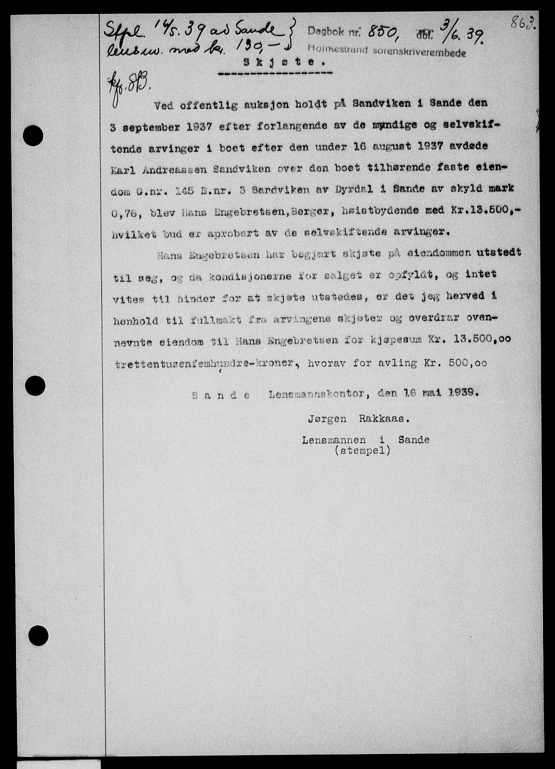 Holmestrand sorenskriveri, SAKO/A-67/G/Ga/Gaa/L0050: Pantebok nr. A-50, 1938-1939, Dagboknr: 850/1939