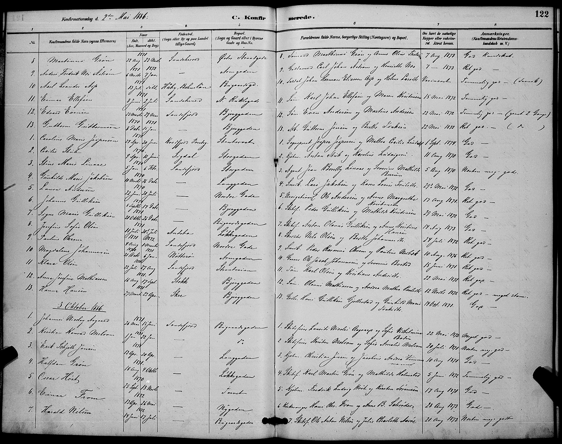 Sandefjord kirkebøker, AV/SAKO-A-315/G/Ga/L0001: Klokkerbok nr. 1, 1885-1903, s. 122