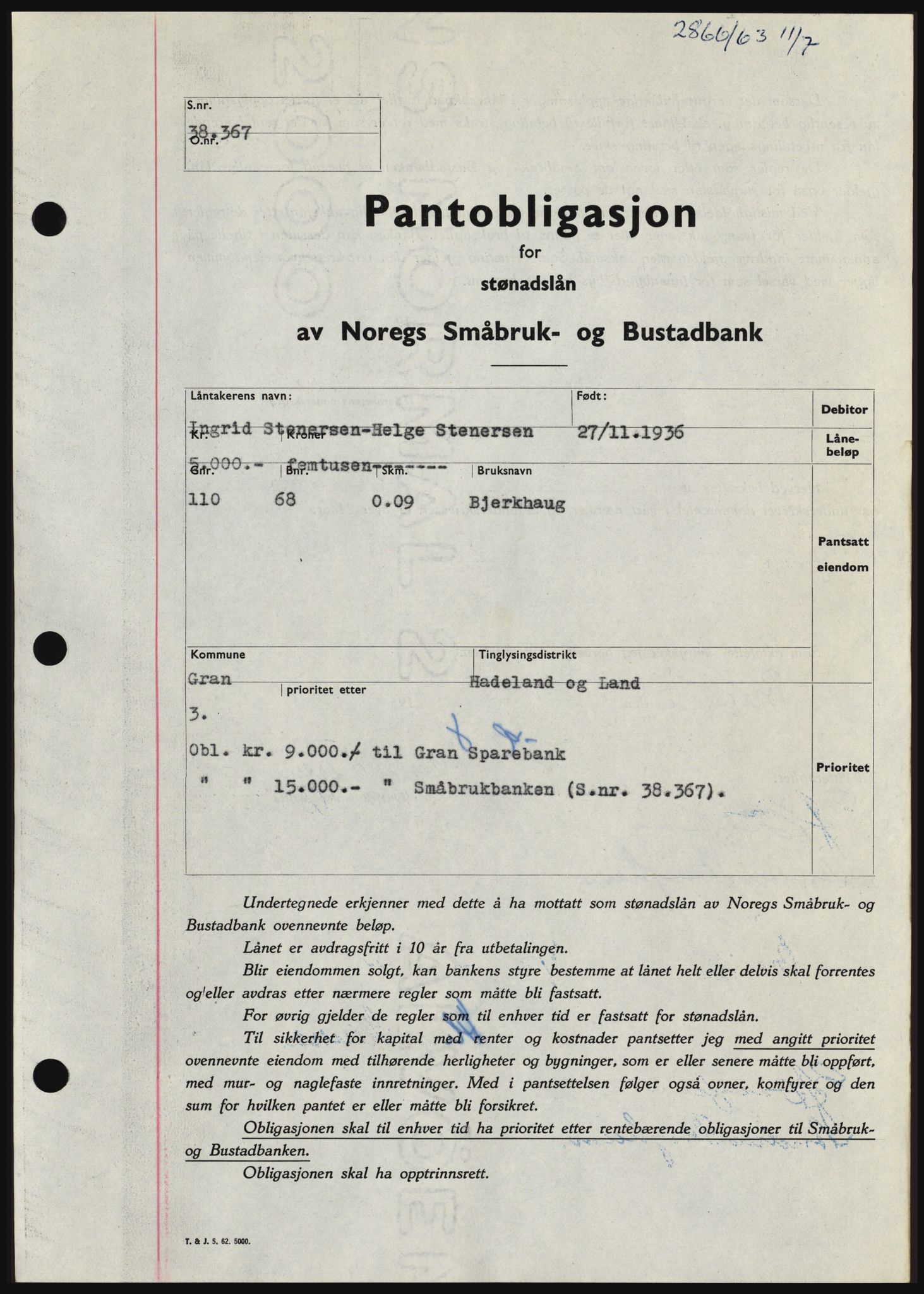 Hadeland og Land tingrett, SAH/TING-010/H/Hb/Hbc/L0052: Pantebok nr. B52, 1963-1963, Dagboknr: 2866/1963
