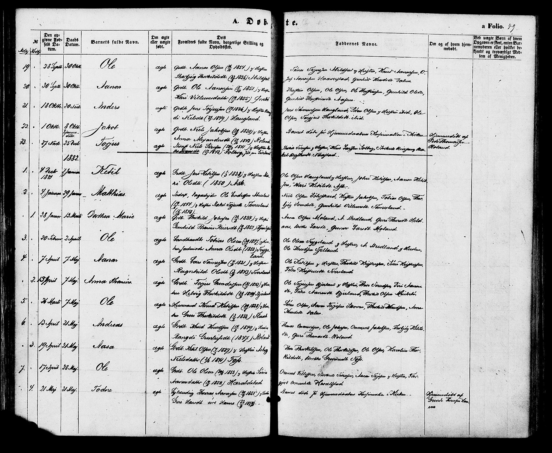 Bjelland sokneprestkontor, AV/SAK-1111-0005/F/Fa/Faa/L0003: Ministerialbok nr. A 3, 1867-1887, s. 49