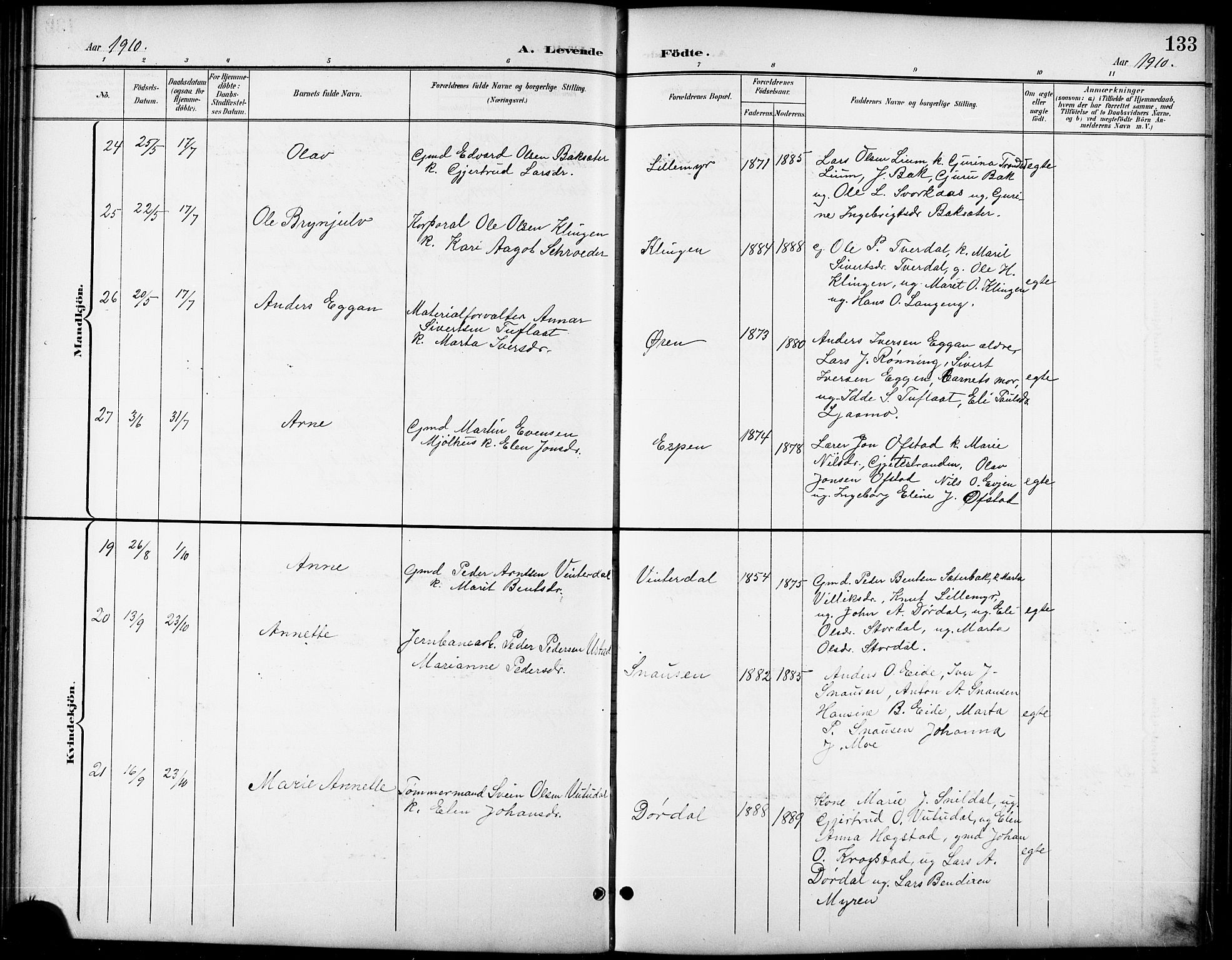 Ministerialprotokoller, klokkerbøker og fødselsregistre - Sør-Trøndelag, SAT/A-1456/668/L0819: Klokkerbok nr. 668C08, 1899-1912, s. 133