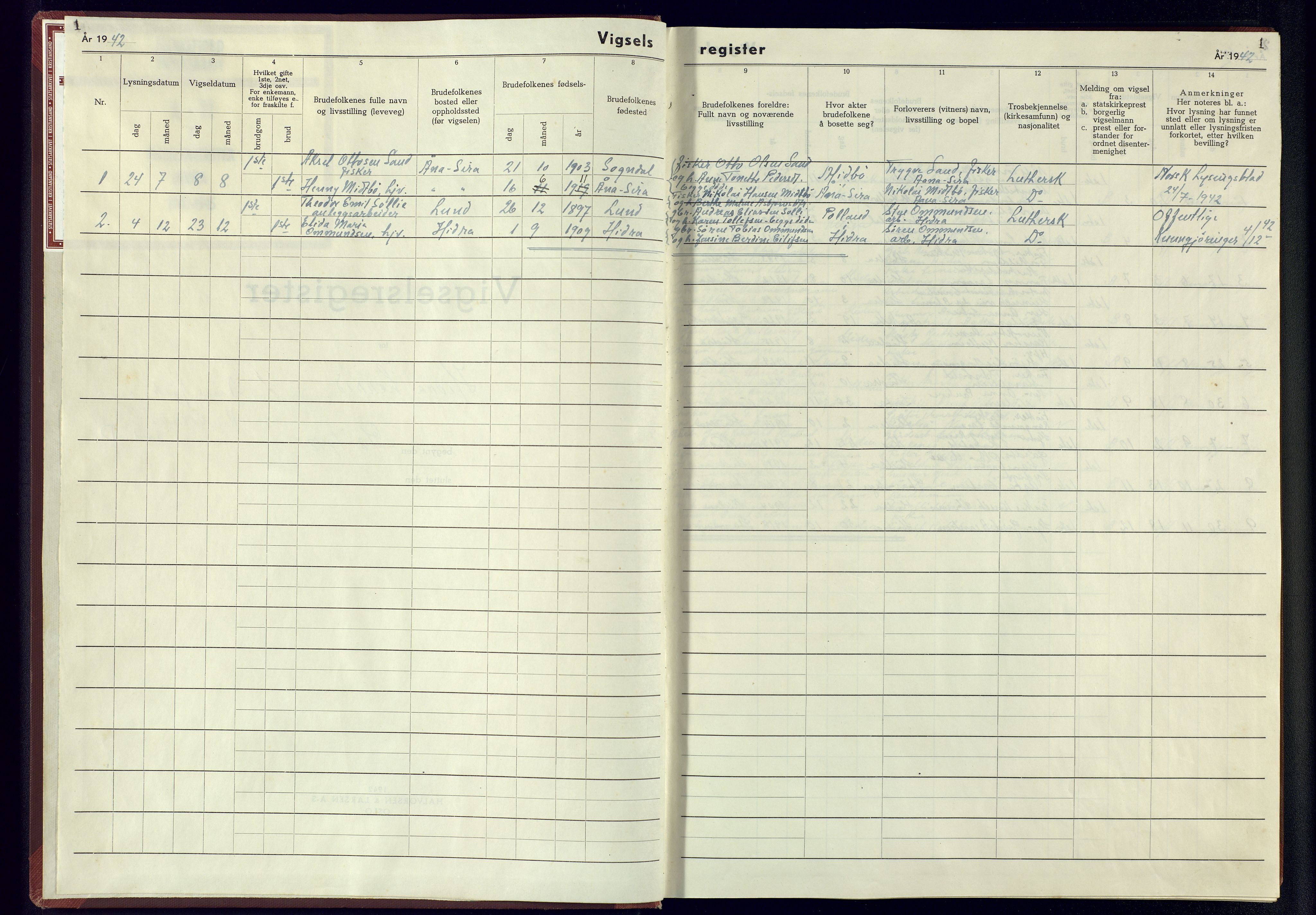 Flekkefjord sokneprestkontor, SAK/1111-0012/J/Jb/L0006: Vigselsregister nr. A-VI-7, 1942-1945, s. 1