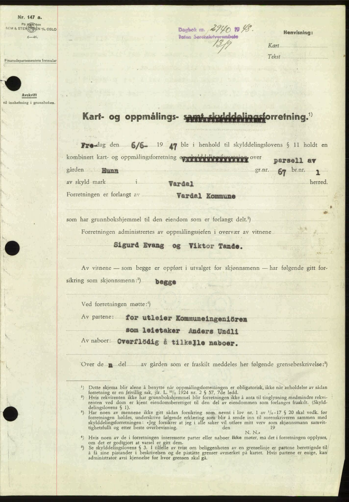 Toten tingrett, SAH/TING-006/H/Hb/Hbc/L0020: Pantebok nr. Hbc-20, 1948-1948, Dagboknr: 2940/1948