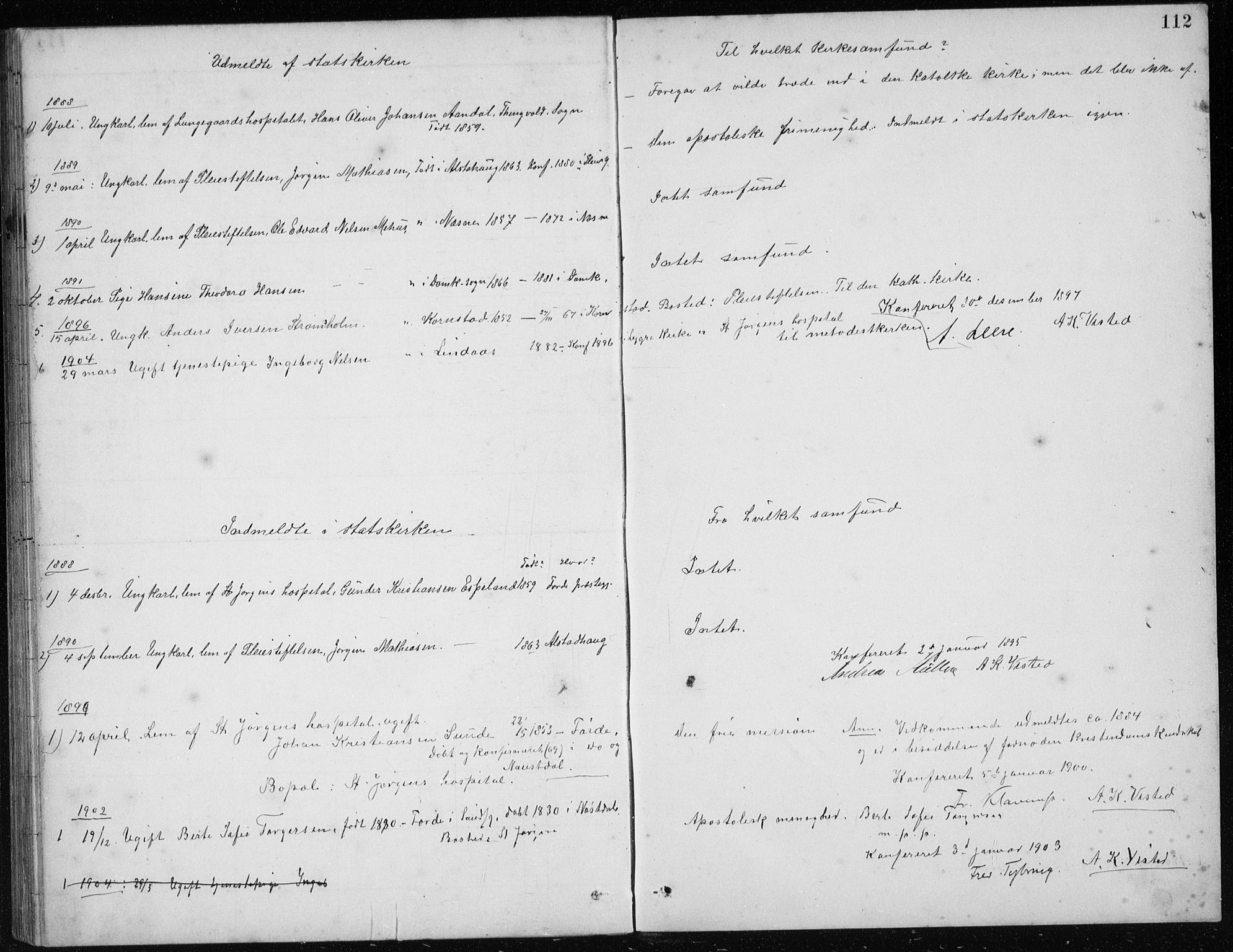 St. Jørgens hospital og Årstad sokneprestembete, AV/SAB-A-99934: Klokkerbok nr. A 10, 1886-1910, s. 112