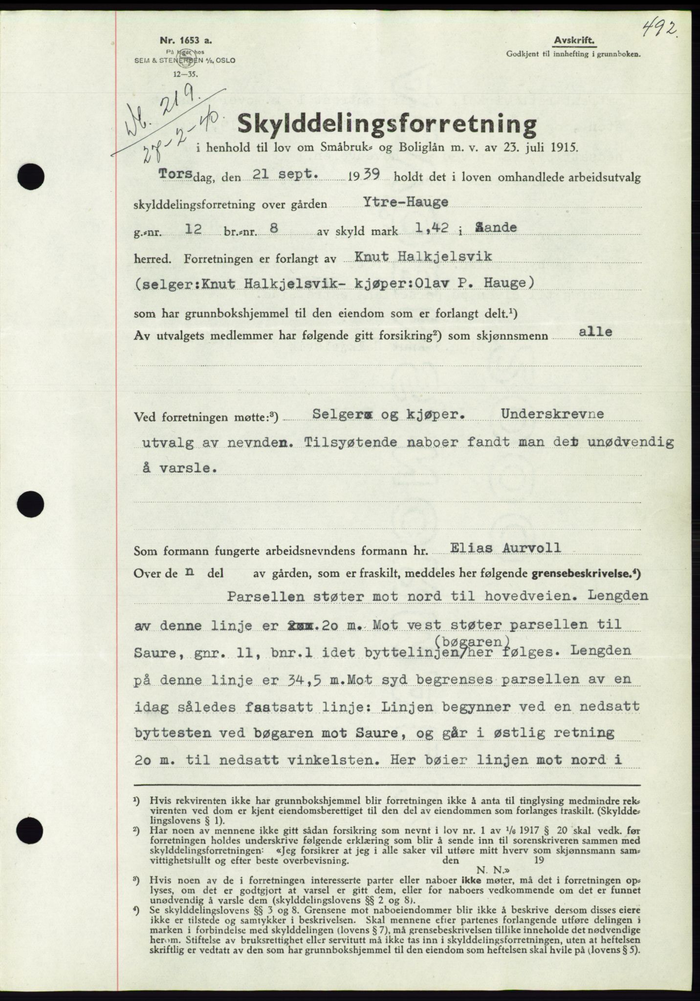 Søre Sunnmøre sorenskriveri, SAT/A-4122/1/2/2C/L0069: Pantebok nr. 63, 1939-1940, Dagboknr: 219/1940