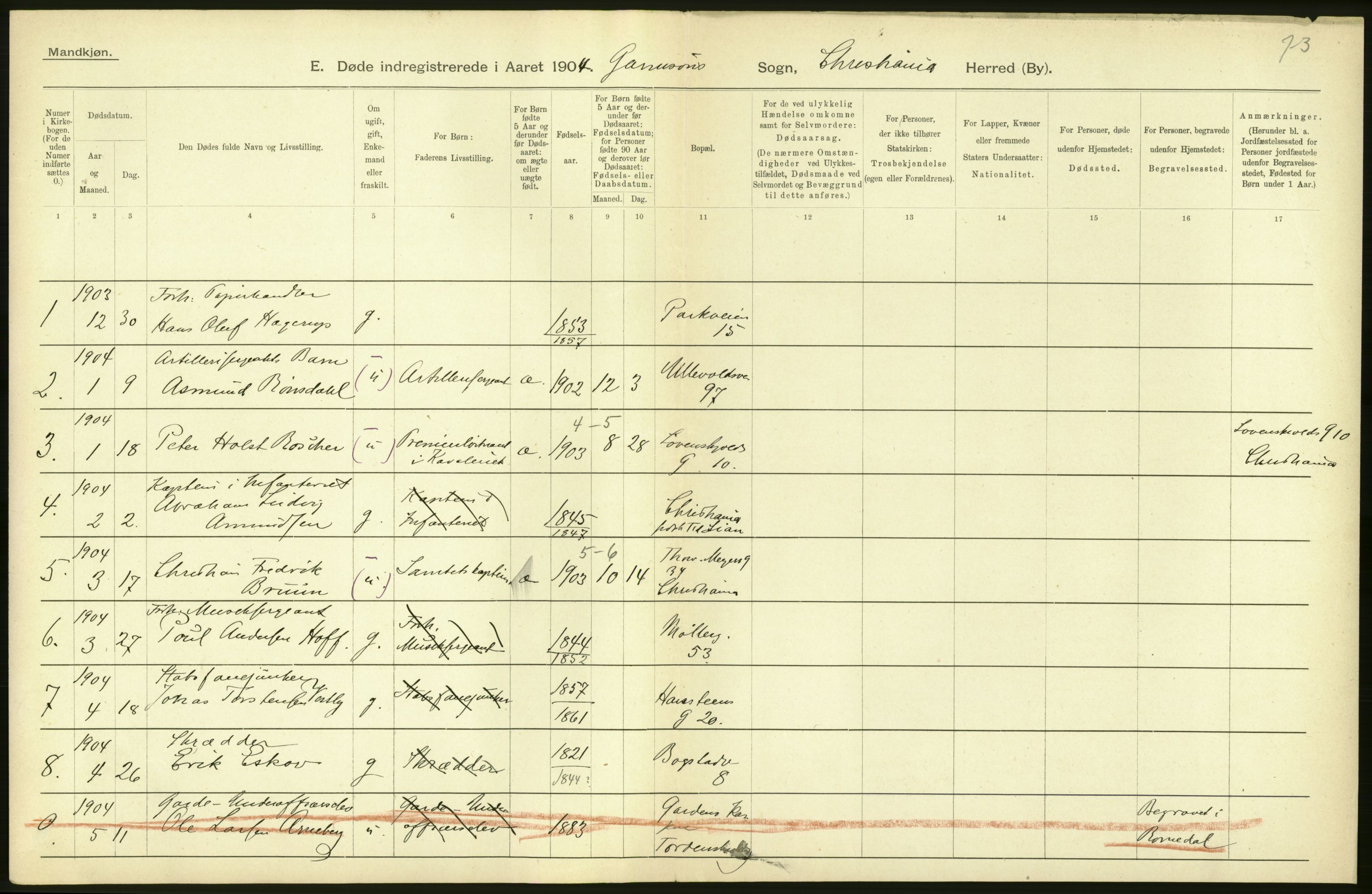 Statistisk sentralbyrå, Sosiodemografiske emner, Befolkning, AV/RA-S-2228/D/Df/Dfa/Dfab/L0004: Kristiania: Gifte, døde, 1904, s. 444