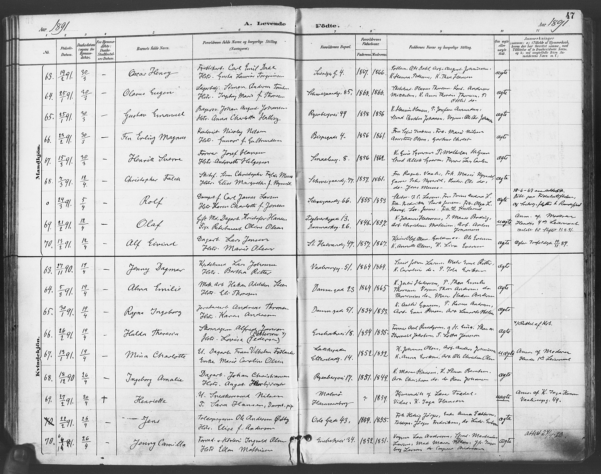 Gamlebyen prestekontor Kirkebøker, AV/SAO-A-10884/F/Fa/L0007: Ministerialbok nr. 7, 1889-1899, s. 47