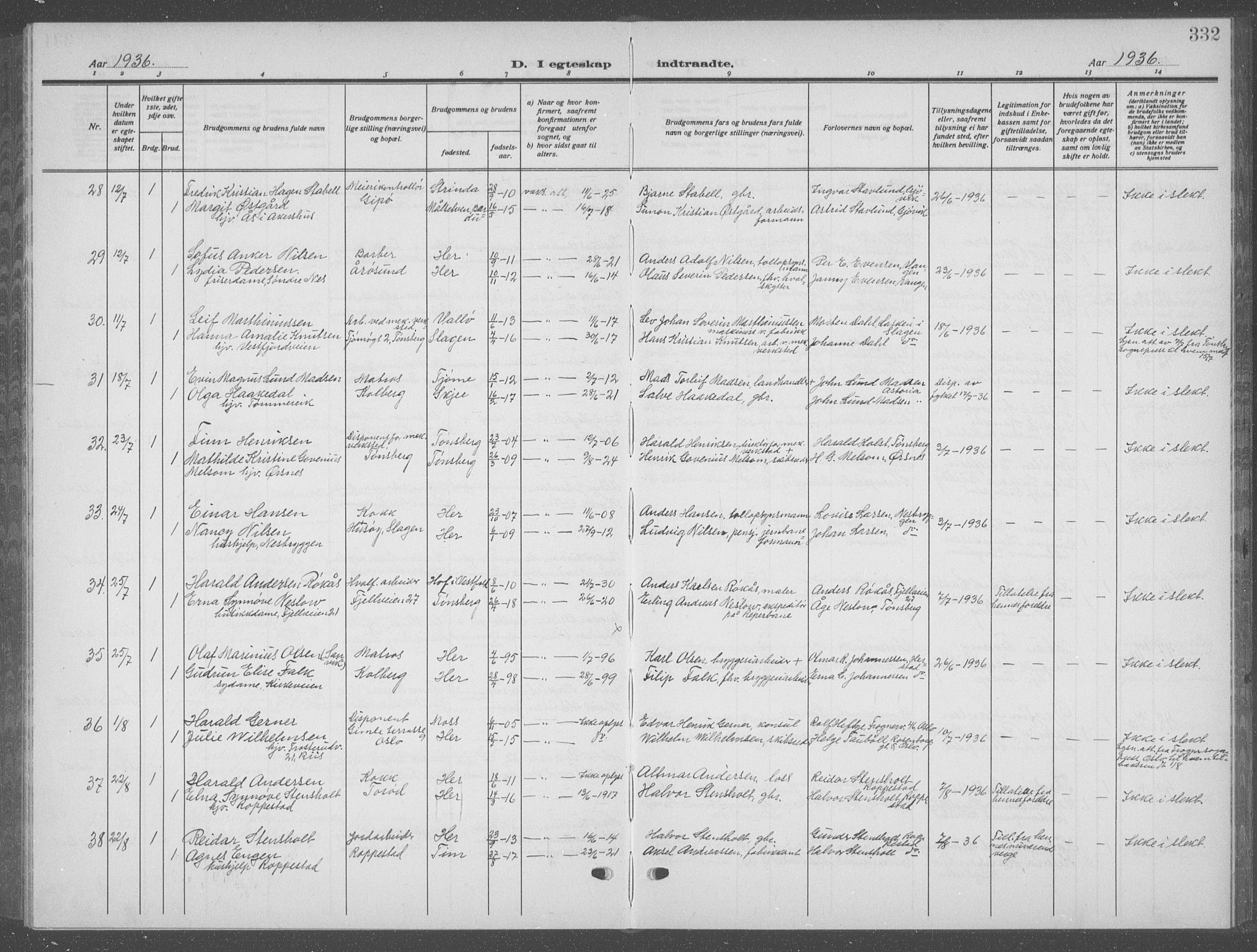 Nøtterøy kirkebøker, AV/SAKO-A-354/G/Ga/L0006: Klokkerbok nr. I 6, 1925-1939, s. 332