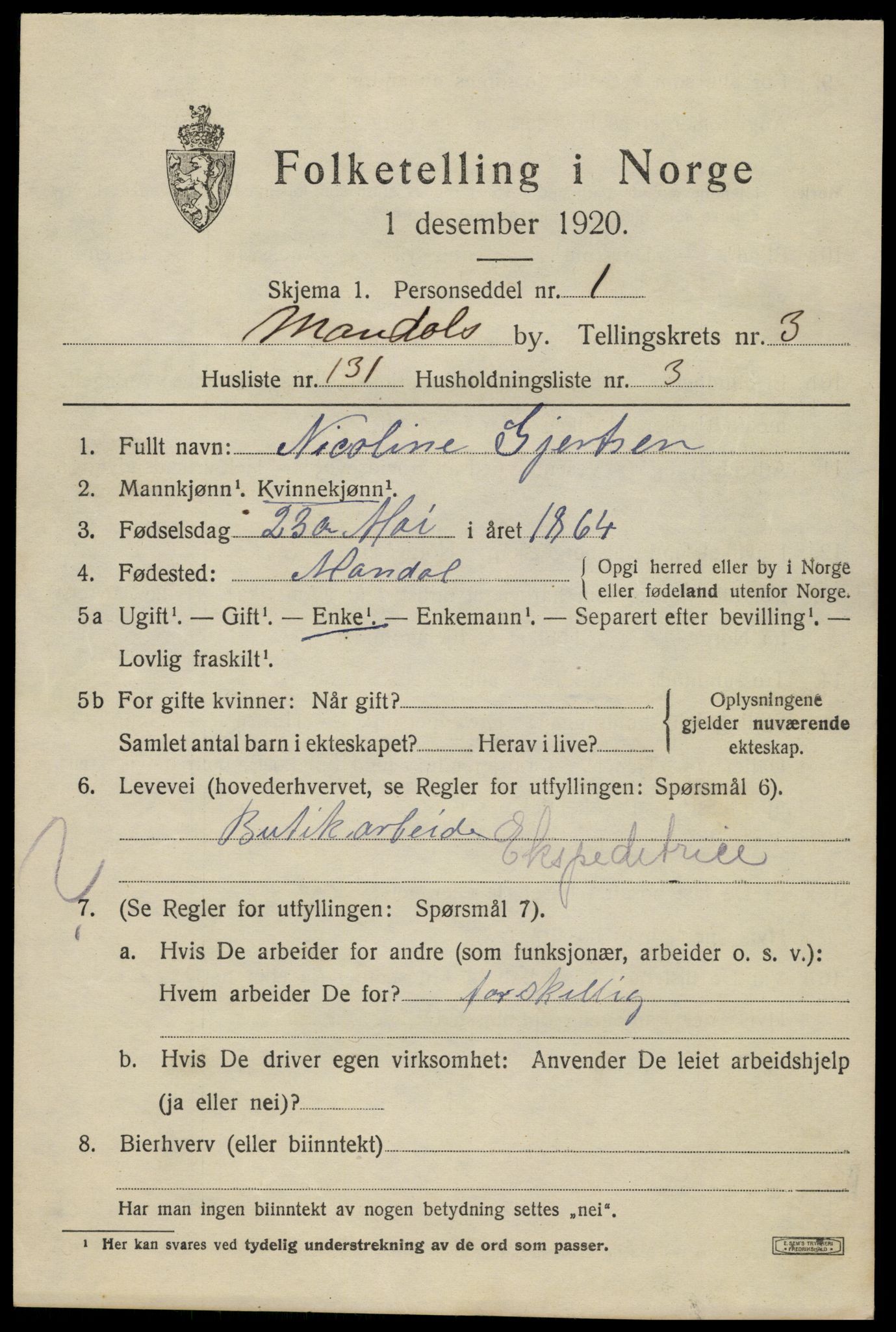SAK, Folketelling 1920 for 1002 Mandal ladested, 1920, s. 6979