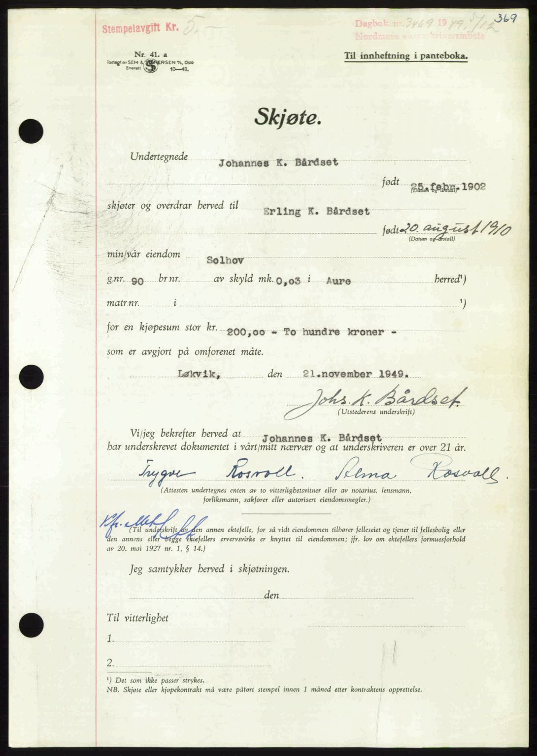 Nordmøre sorenskriveri, AV/SAT-A-4132/1/2/2Ca: Pantebok nr. A113, 1949-1950, Dagboknr: 3469/1949