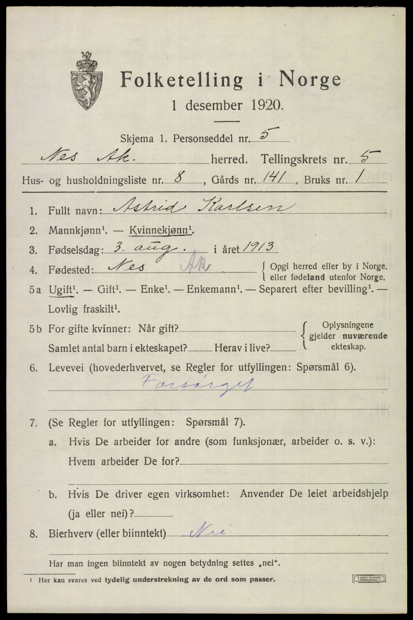SAO, Folketelling 1920 for 0236 Nes herred, 1920, s. 6540